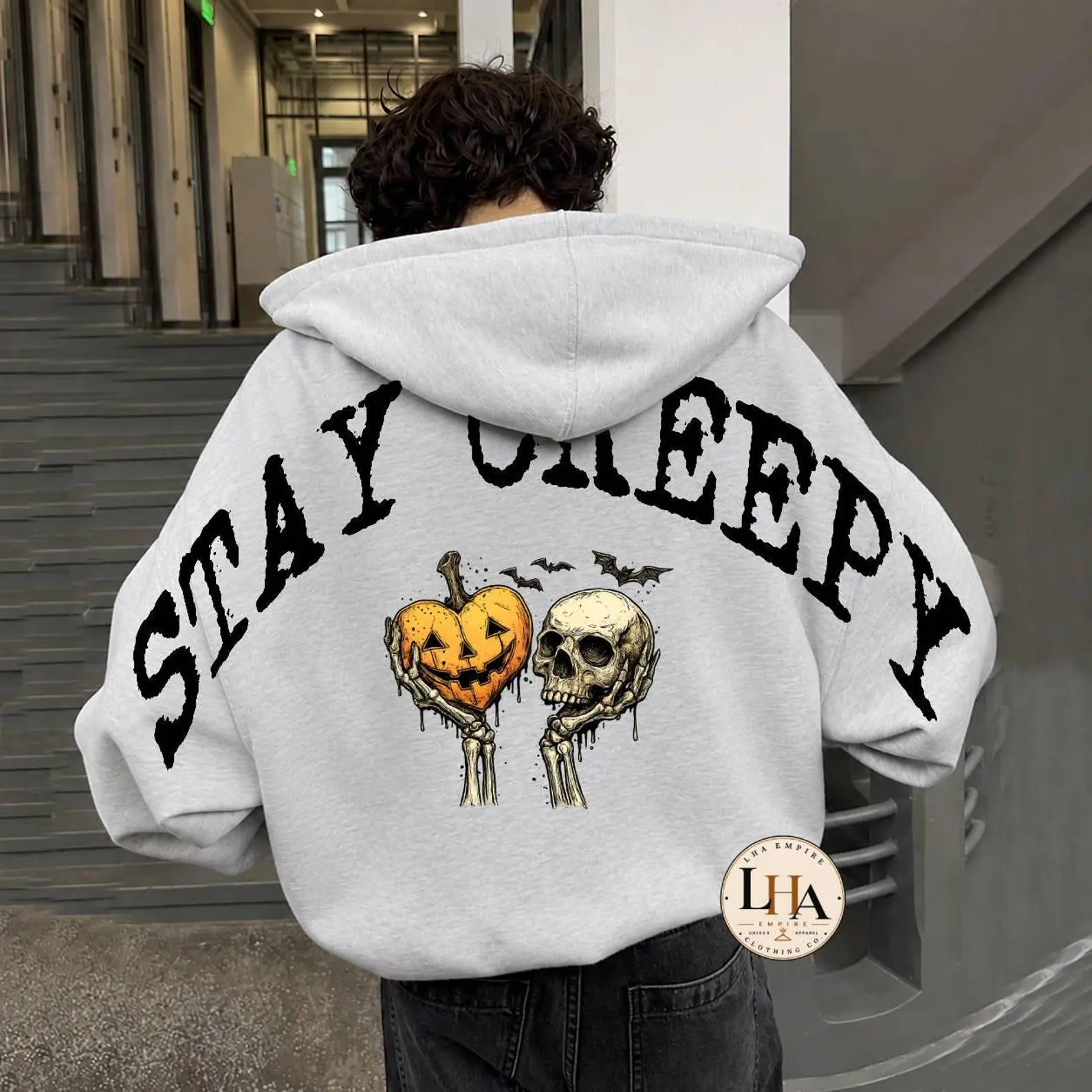 Stay Creepy Halloween Across Back Hoodie, Skeleton Pumpkin Gothic Shoulder-To-Shoulder Lettering Graphic - photo 2