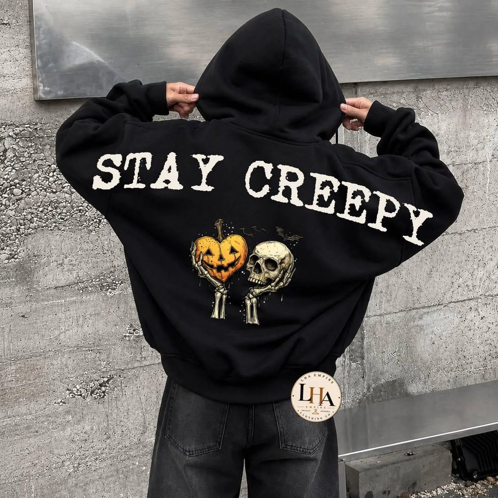 Stay Creepy Halloween Across Back Sweatshirt, Skeleton Pumpkin Gothic Shoulder-To-Shoulder Lettering Graphic