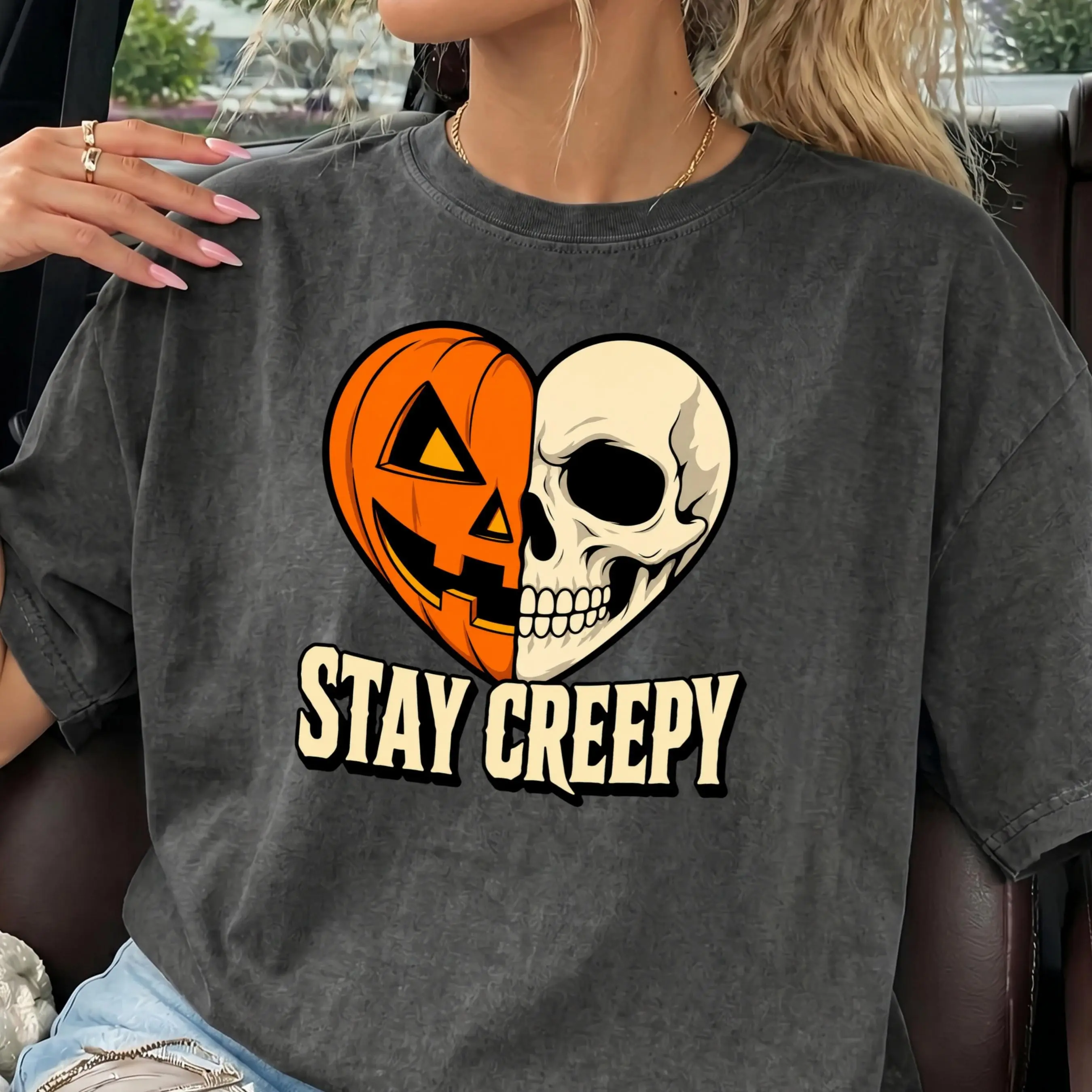 Stay Creepy Skeleton Heart Shirt, Comfort Colors Spooky Couple Halloween Skull Pumpkin Gothic Matching Tee