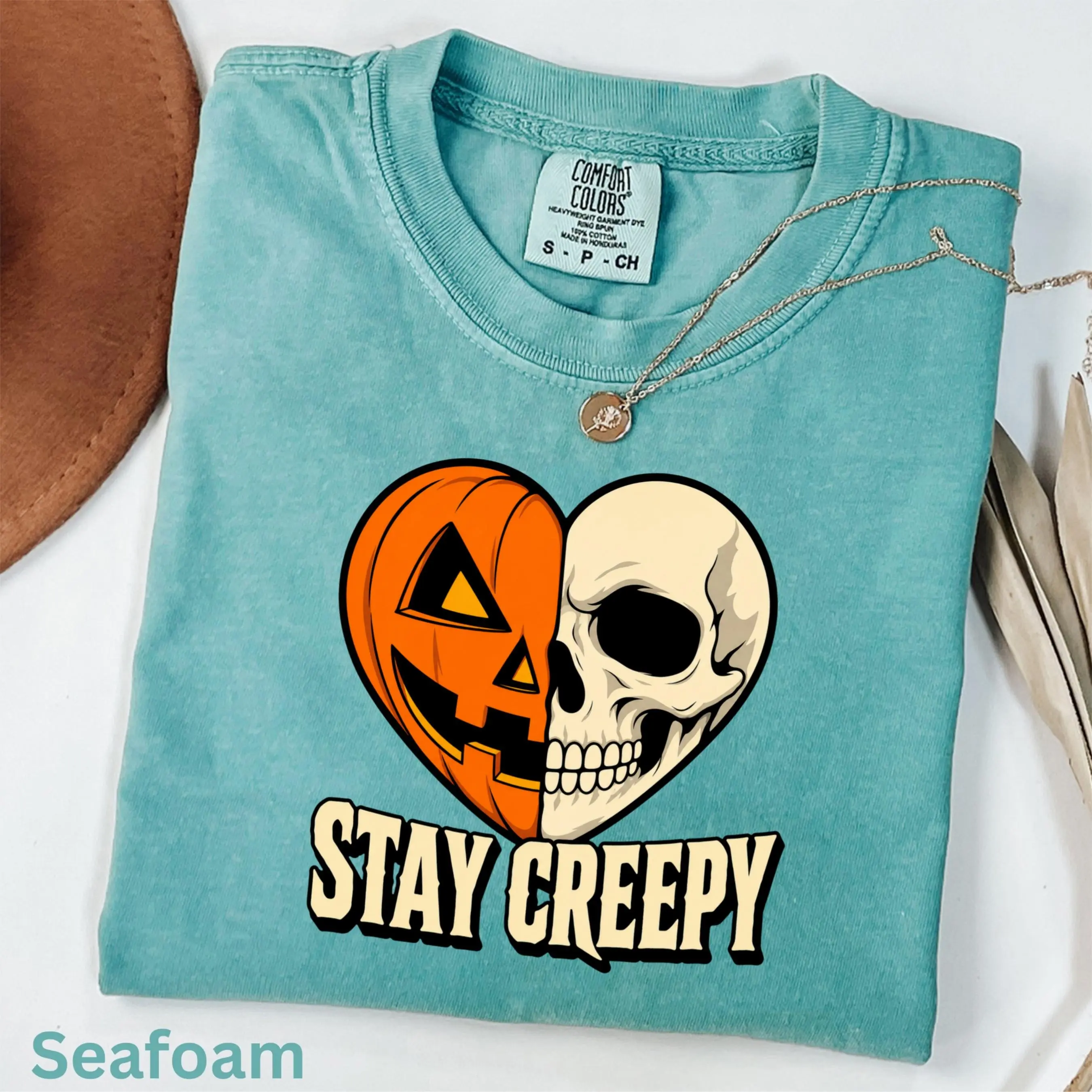Stay Creepy Skeleton Heart Shirt, Comfort Colors Spooky Couple Halloween Skull Pumpkin Gothic Matching Tee - photo 3