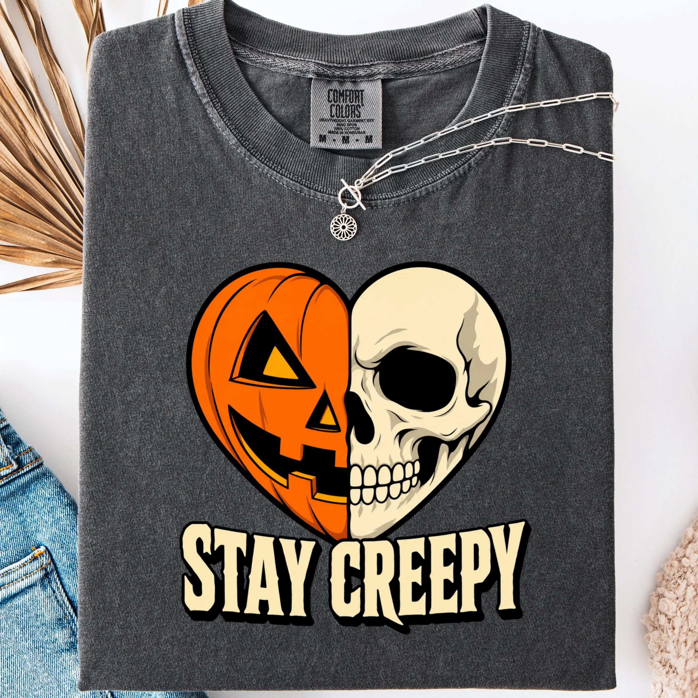 Stay Creepy Skeleton Heart Shirt, Comfort Colors Spooky Couple Halloween Skull Pumpkin Gothic Matching Tee - photo 4