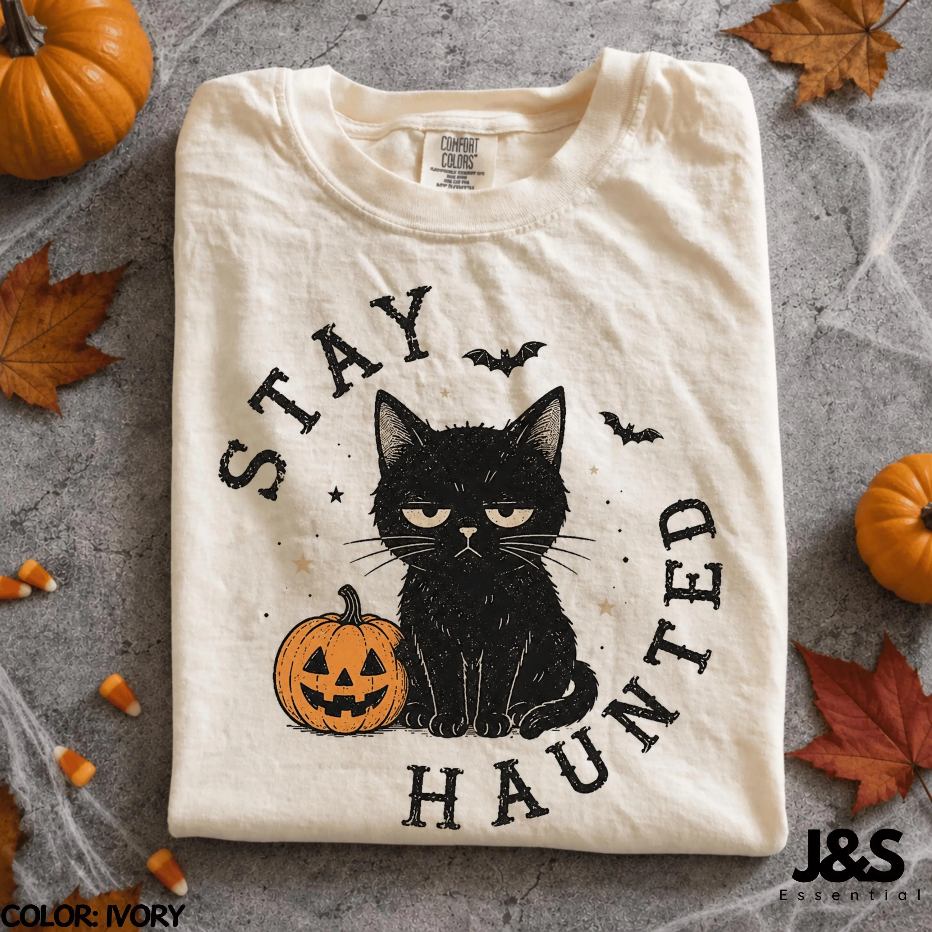 Stay Haunted Black Cat Halloween Shirt, Spooky Pumpkin Vintage Witchy Fall Tee, Cute Gothic Graphic Gift