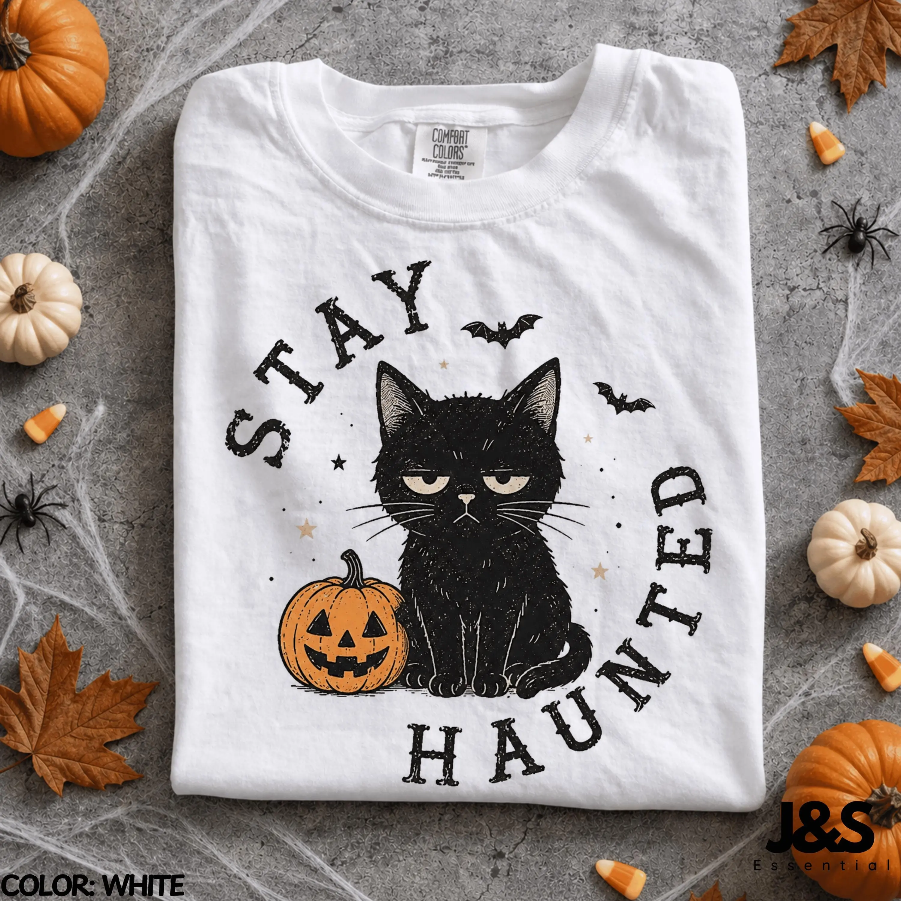 Stay Haunted Black Cat Halloween Shirt, Spooky Pumpkin Vintage Witchy Fall Tee, Cute Gothic Graphic Gift - photo 2