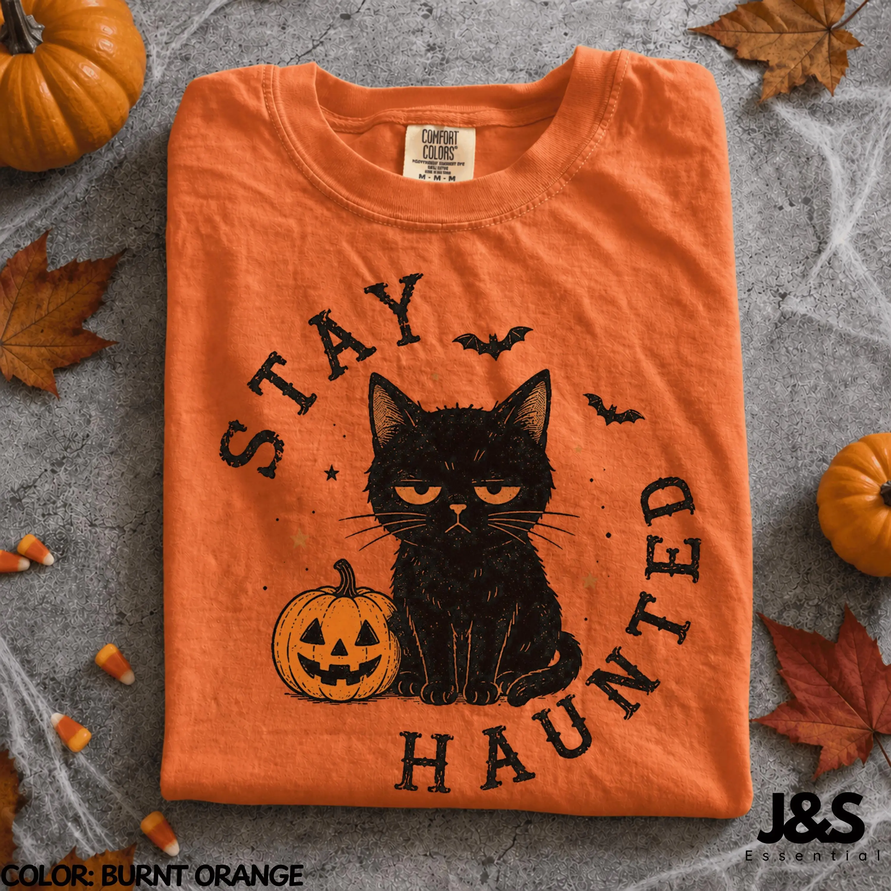 Stay Haunted Black Cat Halloween Shirt, Spooky Pumpkin Vintage Witchy Fall Tee, Cute Gothic Graphic Gift - photo 3