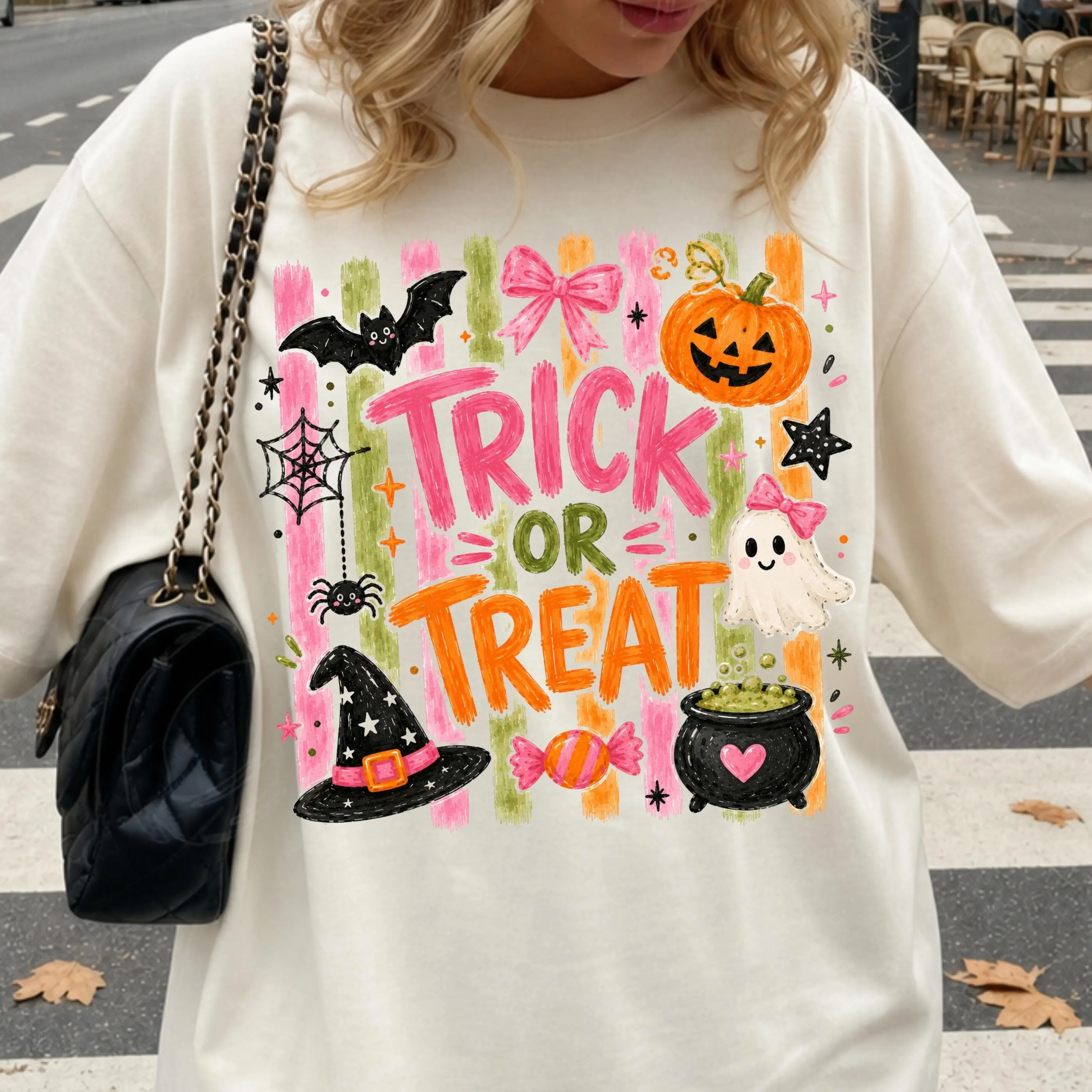 Comfort Colors Striped Brushstroke Halloween T-Shirt, Girly Trick Or Treat Trendy Ghost Pumpkin Tee