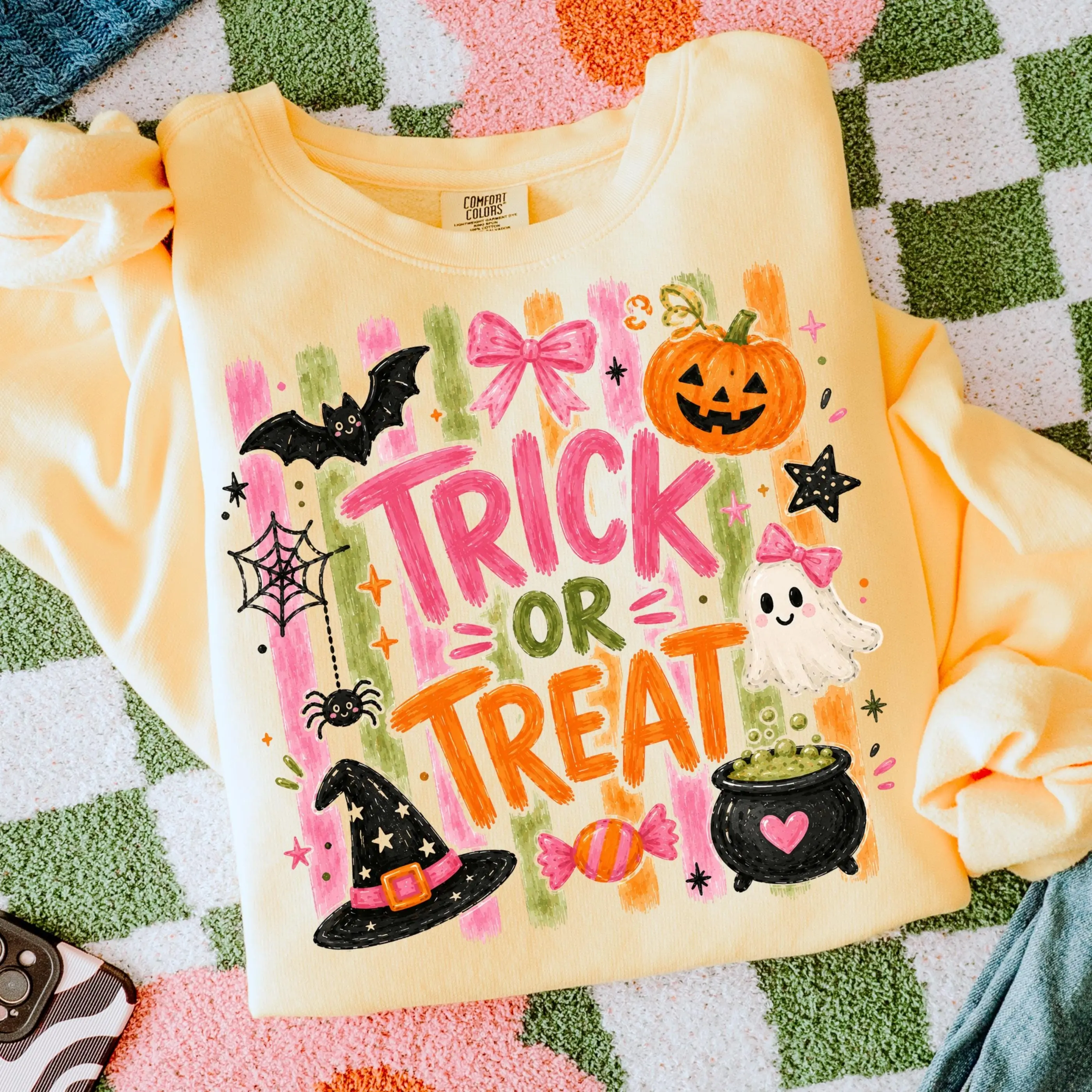 Comfort Colors Striped Brushstroke Halloween T-Shirt, Girly Trick Or Treat Trendy Ghost Pumpkin Tee - photo 2