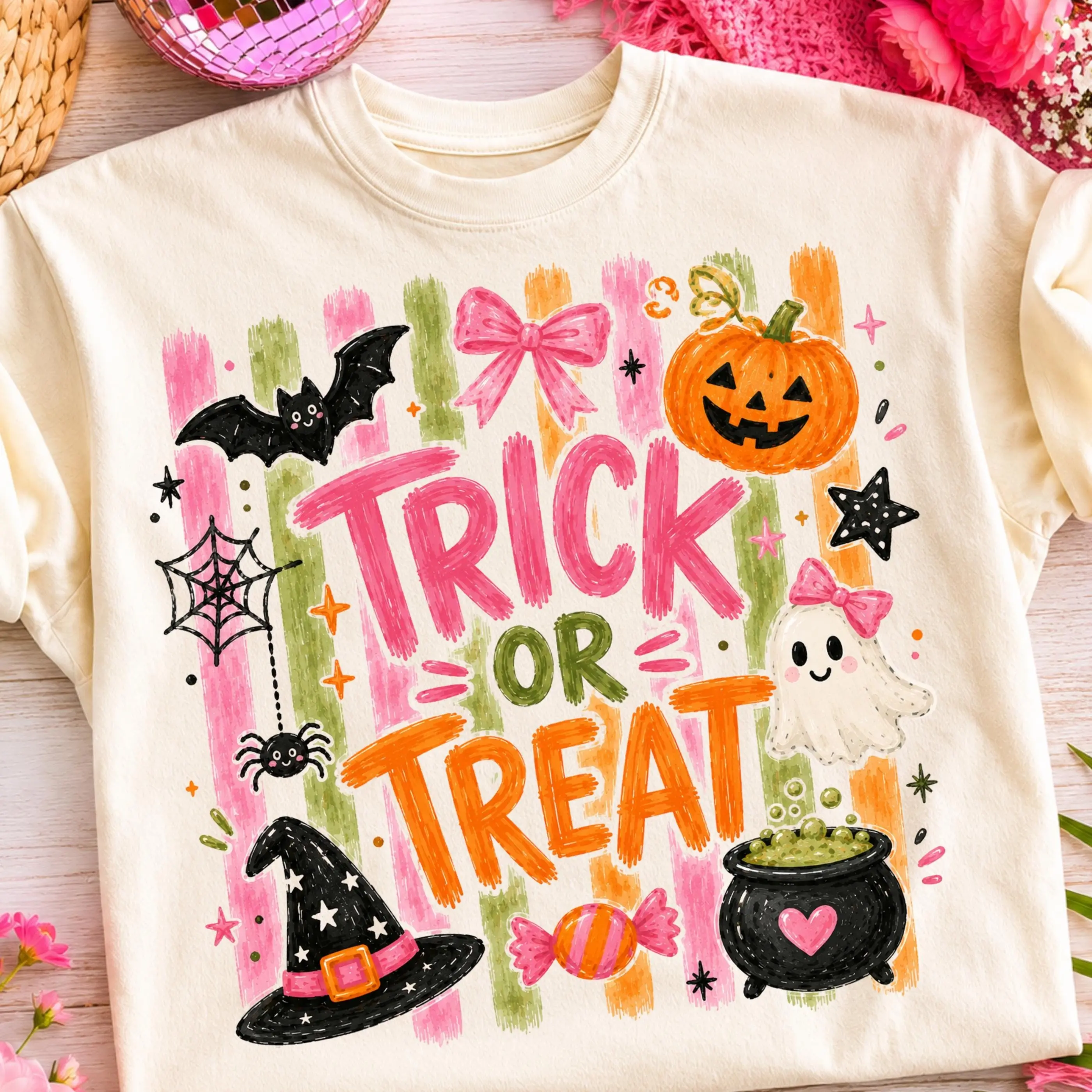 Comfort Colors Striped Brushstroke Halloween T-Shirt, Girly Trick Or Treat Trendy Ghost Pumpkin Tee - photo 3