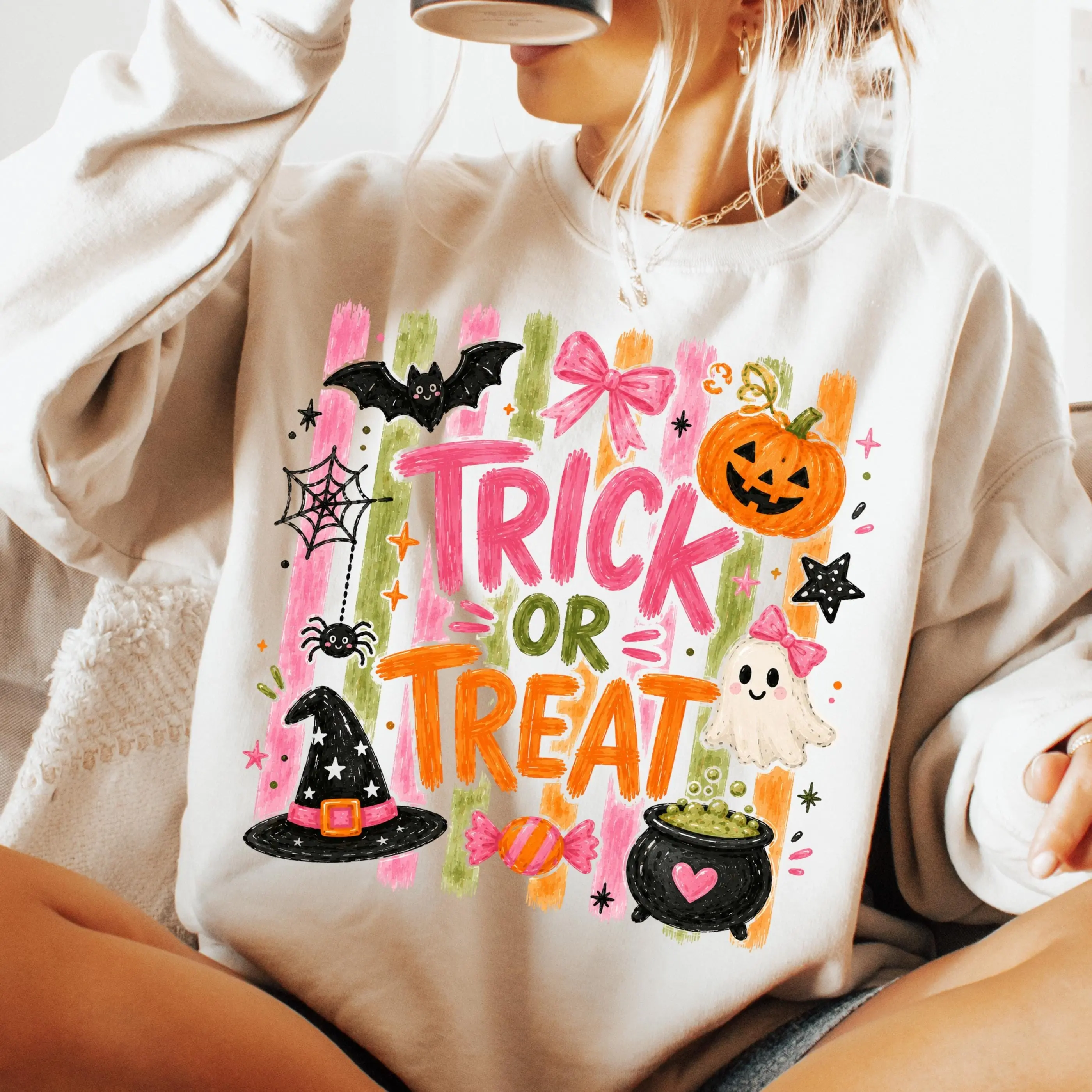 Comfort Colors Striped Brushstroke Halloween T-Shirt, Girly Trick Or Treat Trendy Ghost Pumpkin Tee - photo 4