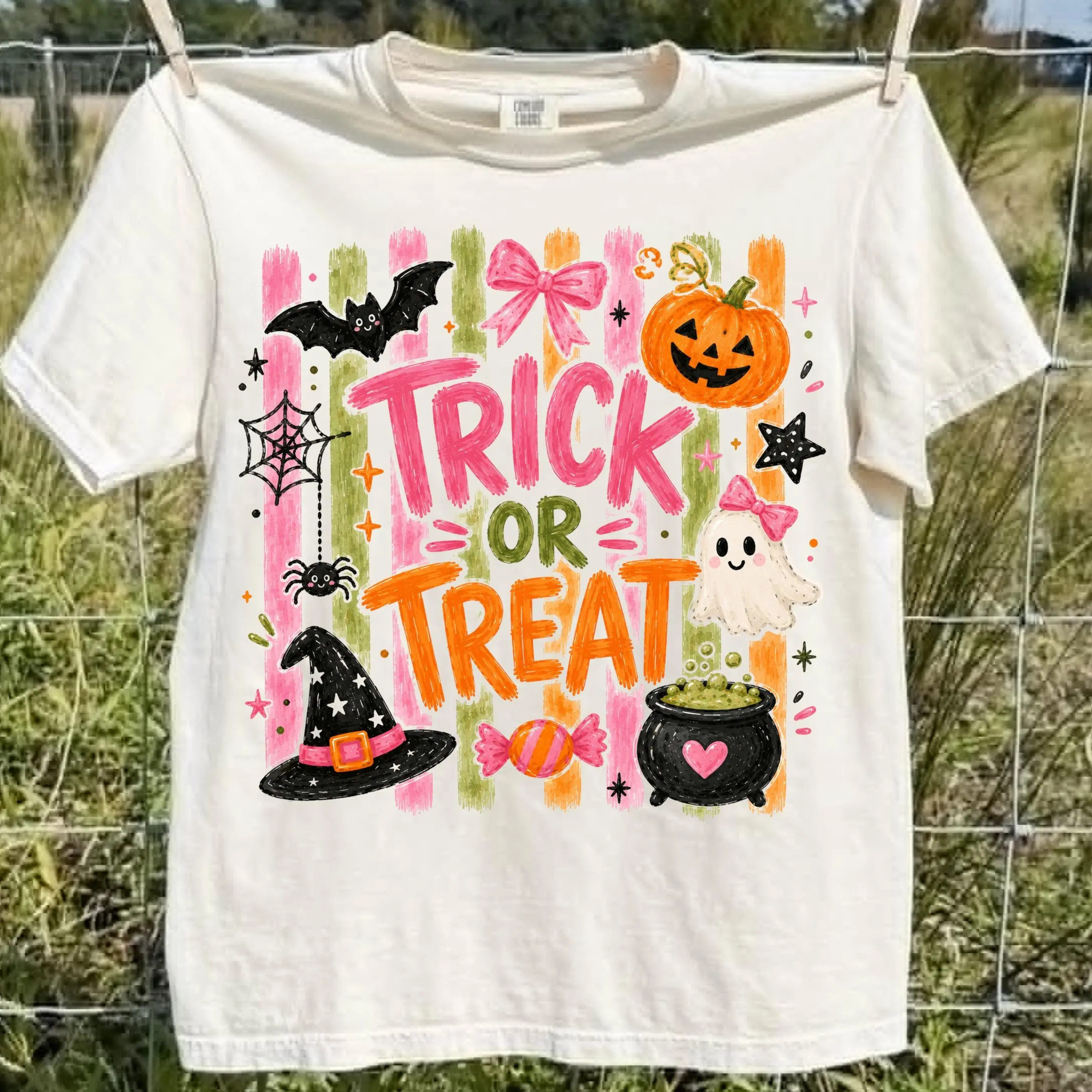 Comfort Colors Striped Brushstroke Halloween T-Shirt, Girly Trick Or Treat Trendy Ghost Pumpkin Tee - photo 5
