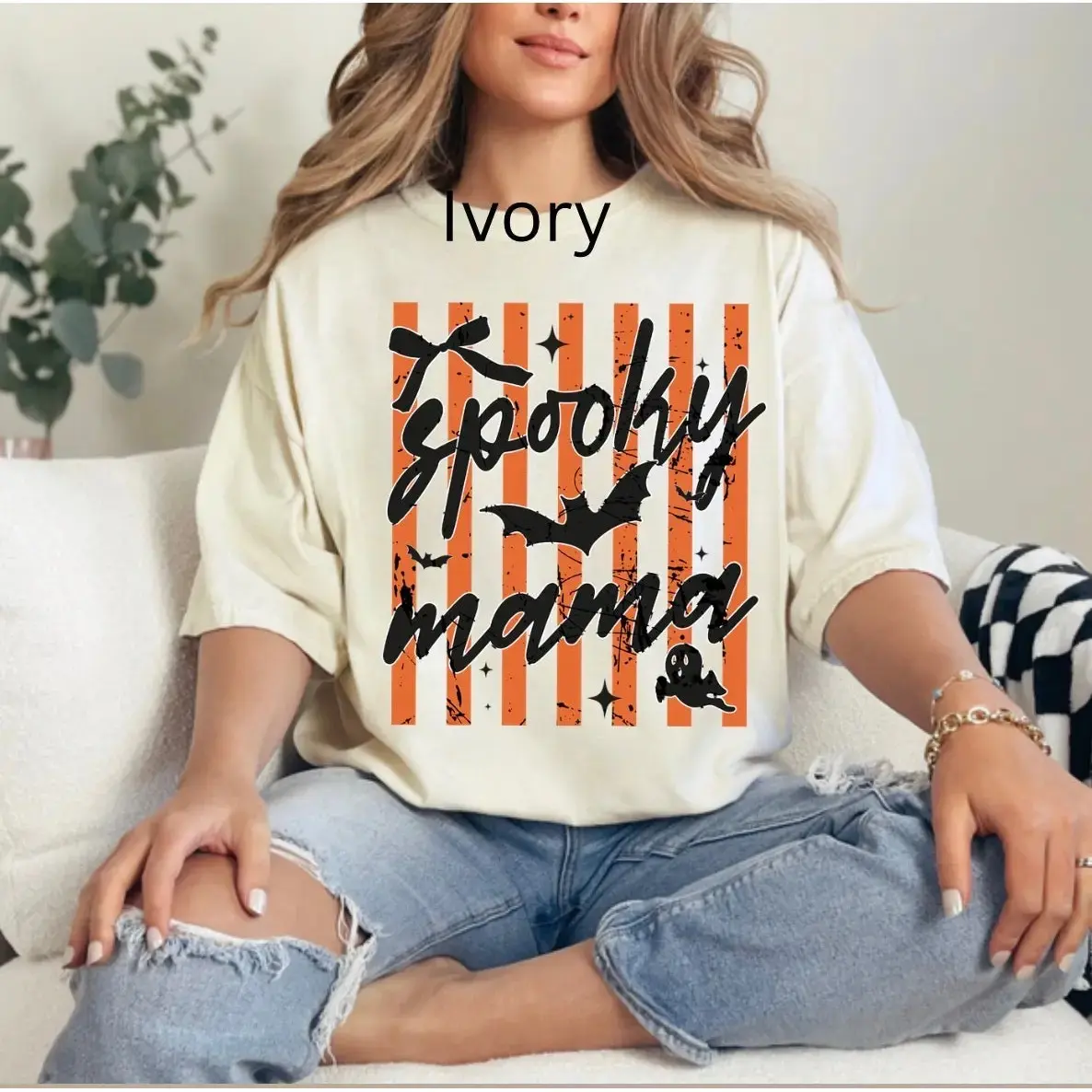 Striped Spooky Mama Shirt, Funny Scary Halloween Mom Tee, Cute Life Fall Womens Casual Short Sleeve Graphic Top