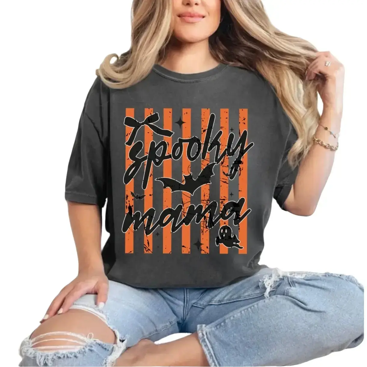 Striped Spooky Mama Shirt, Funny Scary Halloween Mom Tee, Cute Life Fall Womens Casual Short Sleeve Graphic Top - photo 2