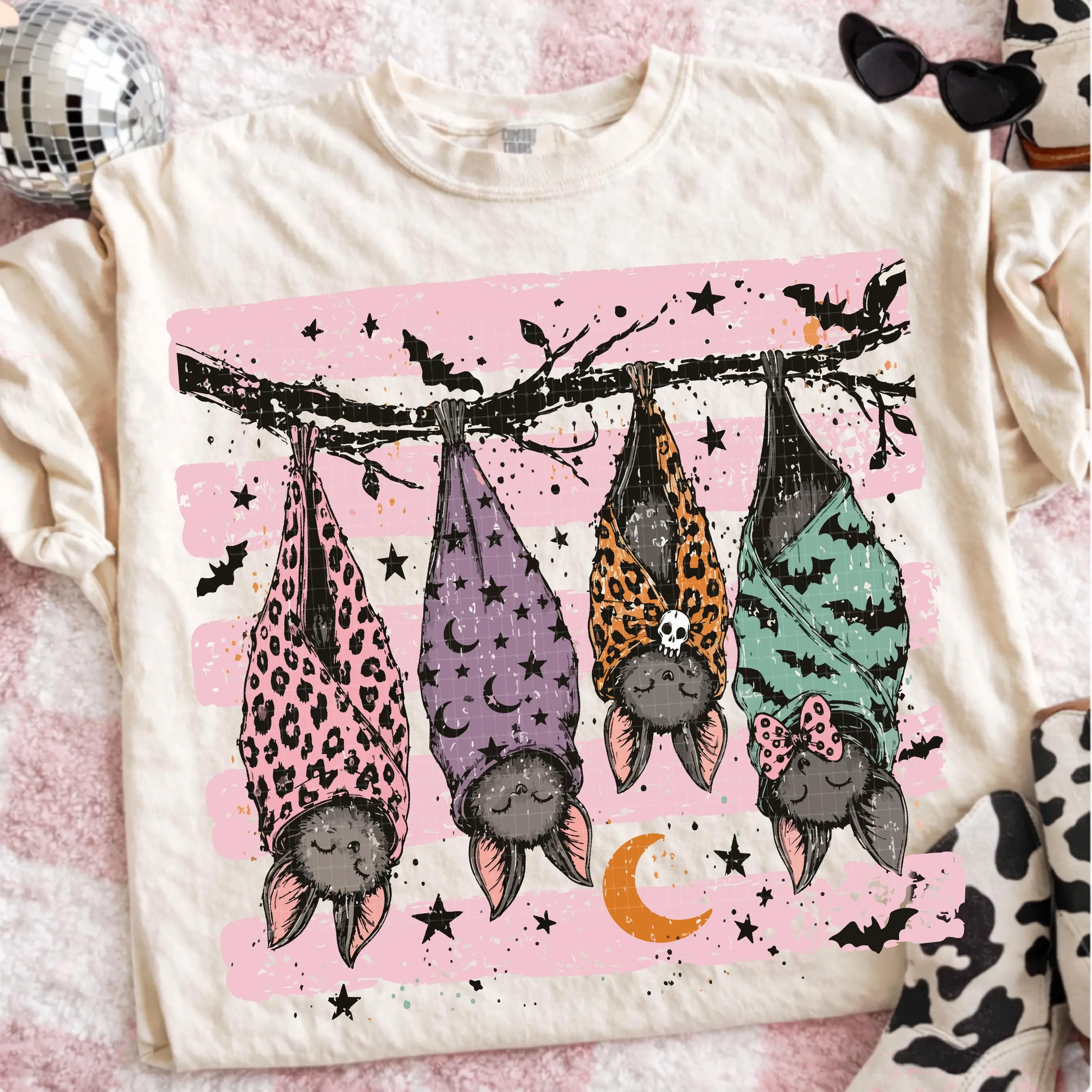 Striped Spooky Season Bats Halloween Comfort Colors T-Shirt, Faux Oil Painted Tee, Cute Fall Graphic Top