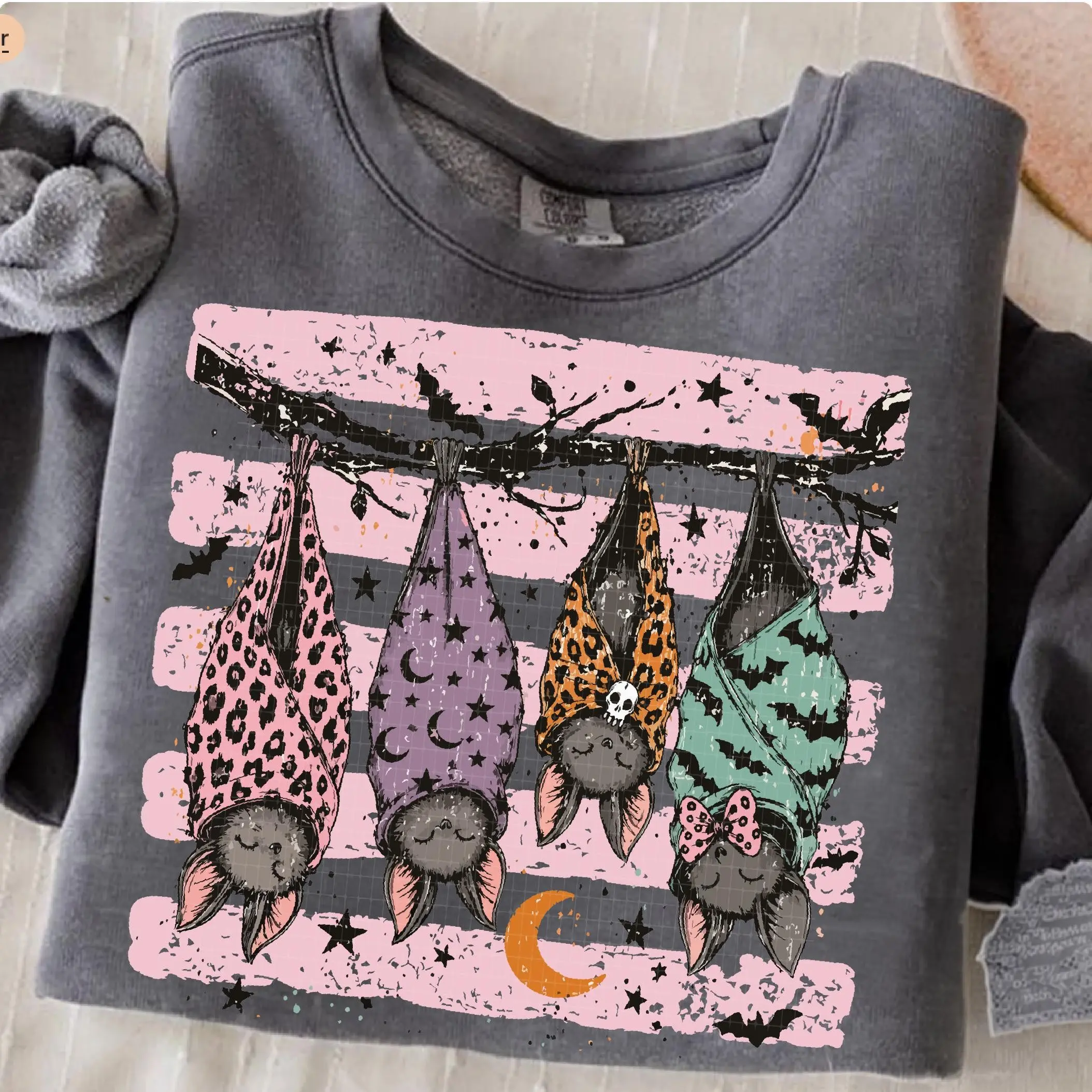Striped Spooky Season Bats Halloween Comfort Colors T-Shirt, Faux Oil Painted Tee, Cute Fall Graphic Top - photo 3