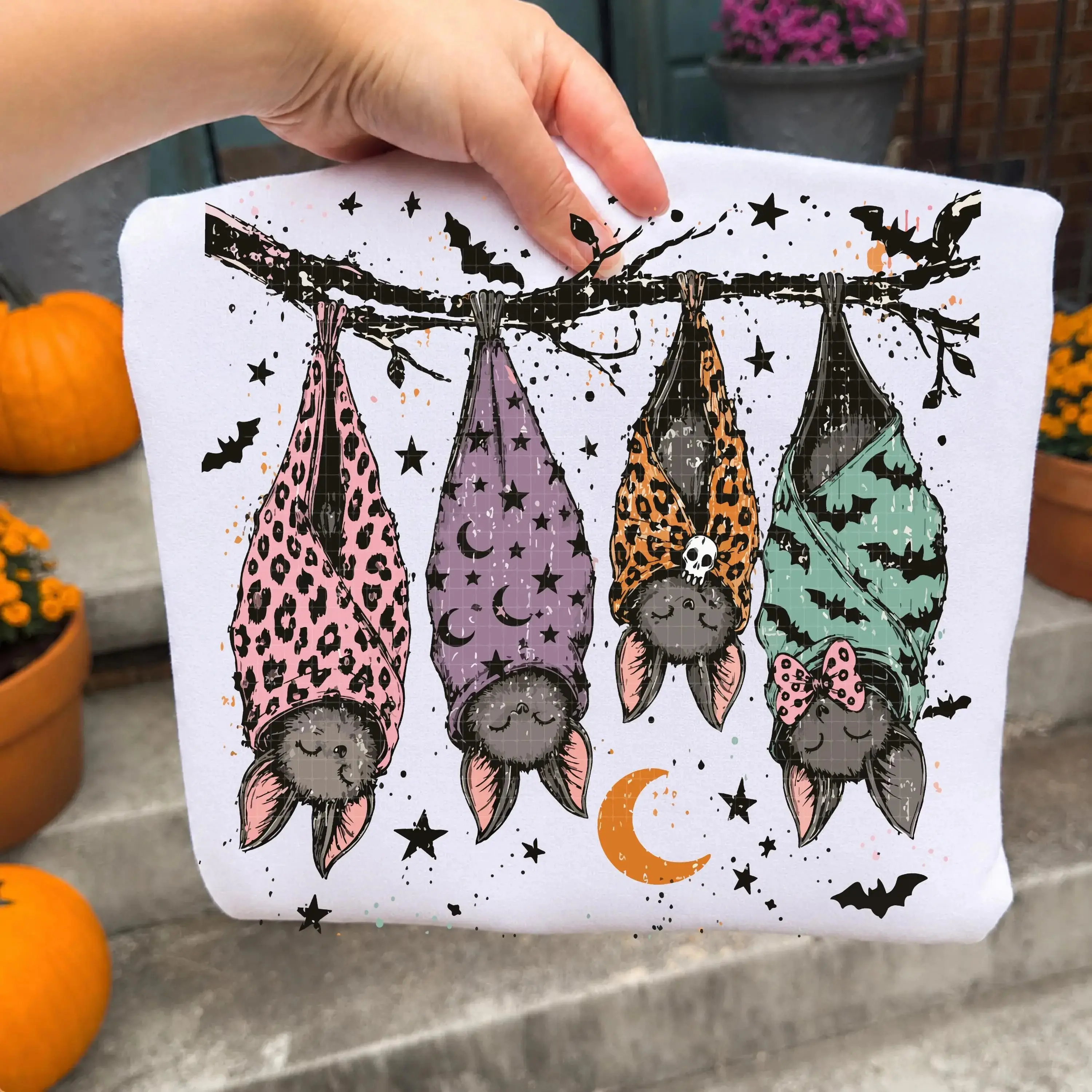 Striped Spooky Season Bats Halloween Shirt for Women, Comfort Colors Faux Oil Painted Cute Fall Vintage Graphic Top - photo 3