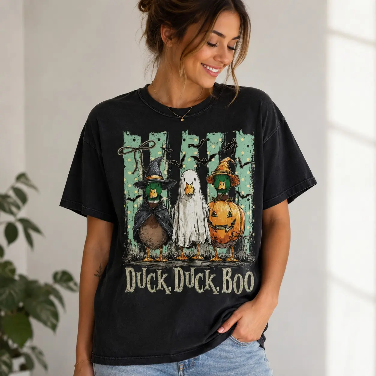 Stripes Duck Duck Boo Comfort Colors T-Shirt, Funny Goose Halloween Tee, Trick Or Treat Spooky Pumpkin Shirt - photo 2