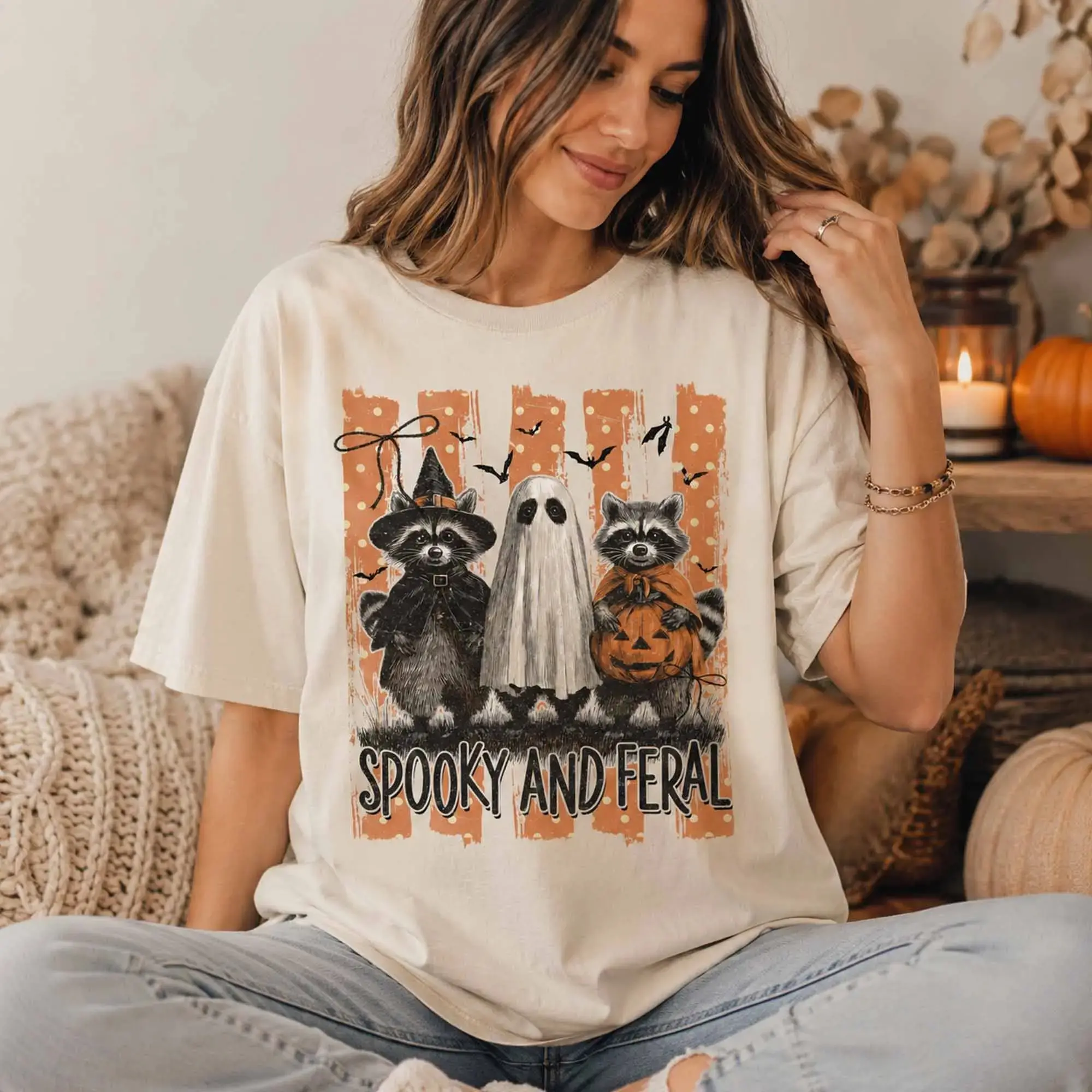 Striped Spooky And Feral Raccoon Shirt, Creepy Cute Ghost Halloween Graphic Tee, Girl Design