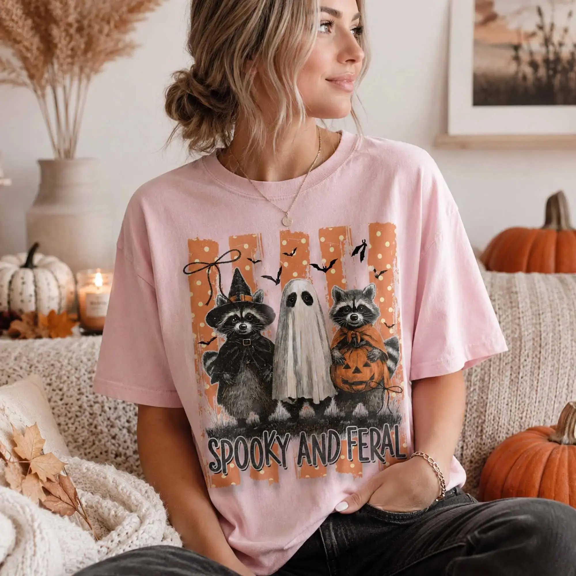 Striped Spooky And Feral Raccoon Shirt, Creepy Cute Ghost Halloween Graphic Tee, Girl Design - photo 2