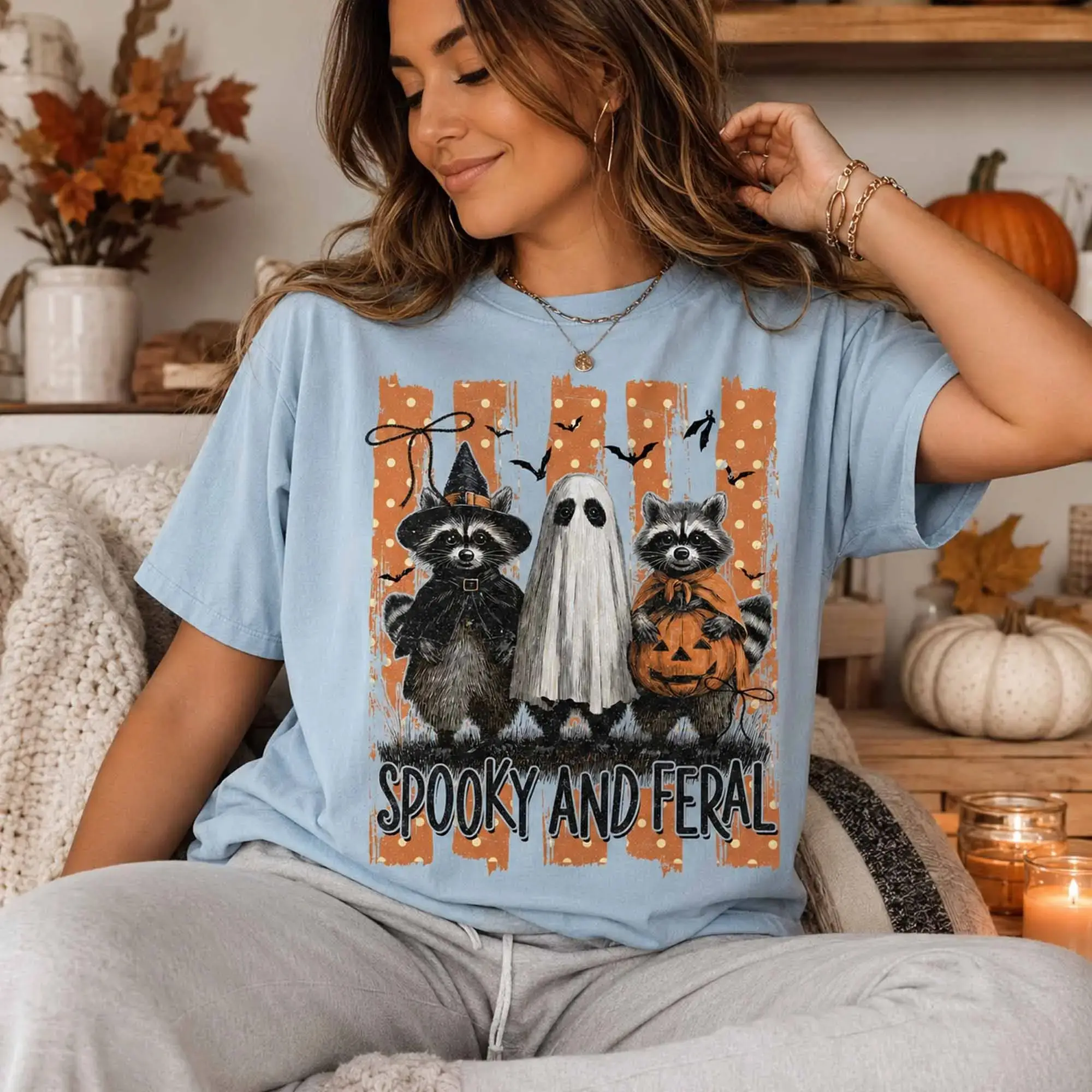 Striped Spooky And Feral Raccoon Shirt, Creepy Cute Ghost Halloween Graphic Tee, Girl Design - photo 3