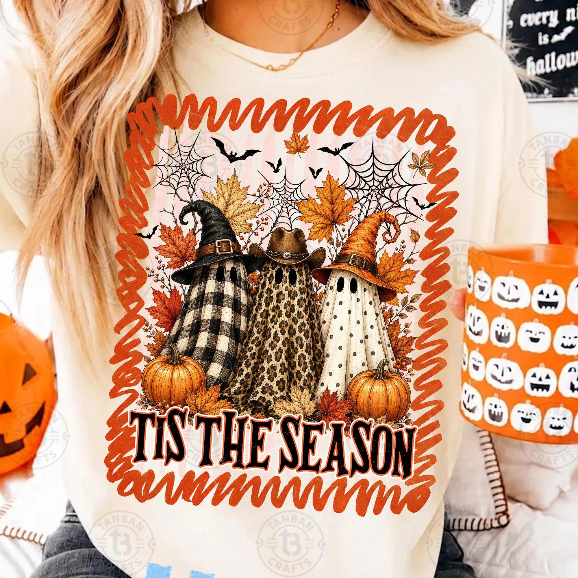 Stripes Spooky Ghost Trio Fall Witch Comfort Colors Shirt, Cute Western Cowboy Boos Halloween Graphic Tee
