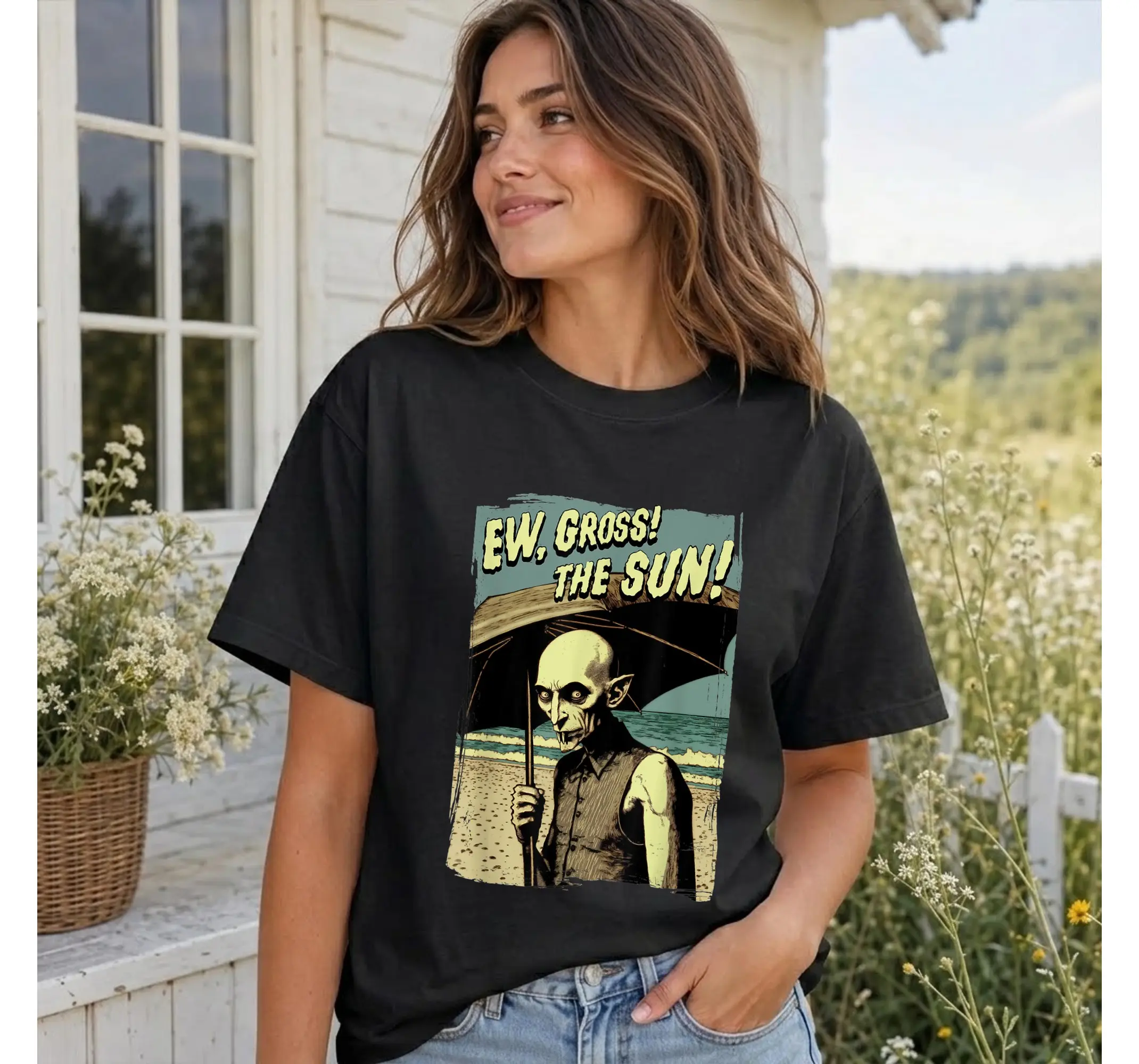 Summer Goth Vampire Tee, Funny Anti Sun Beach Creepy Cute Graphic T-Shirt