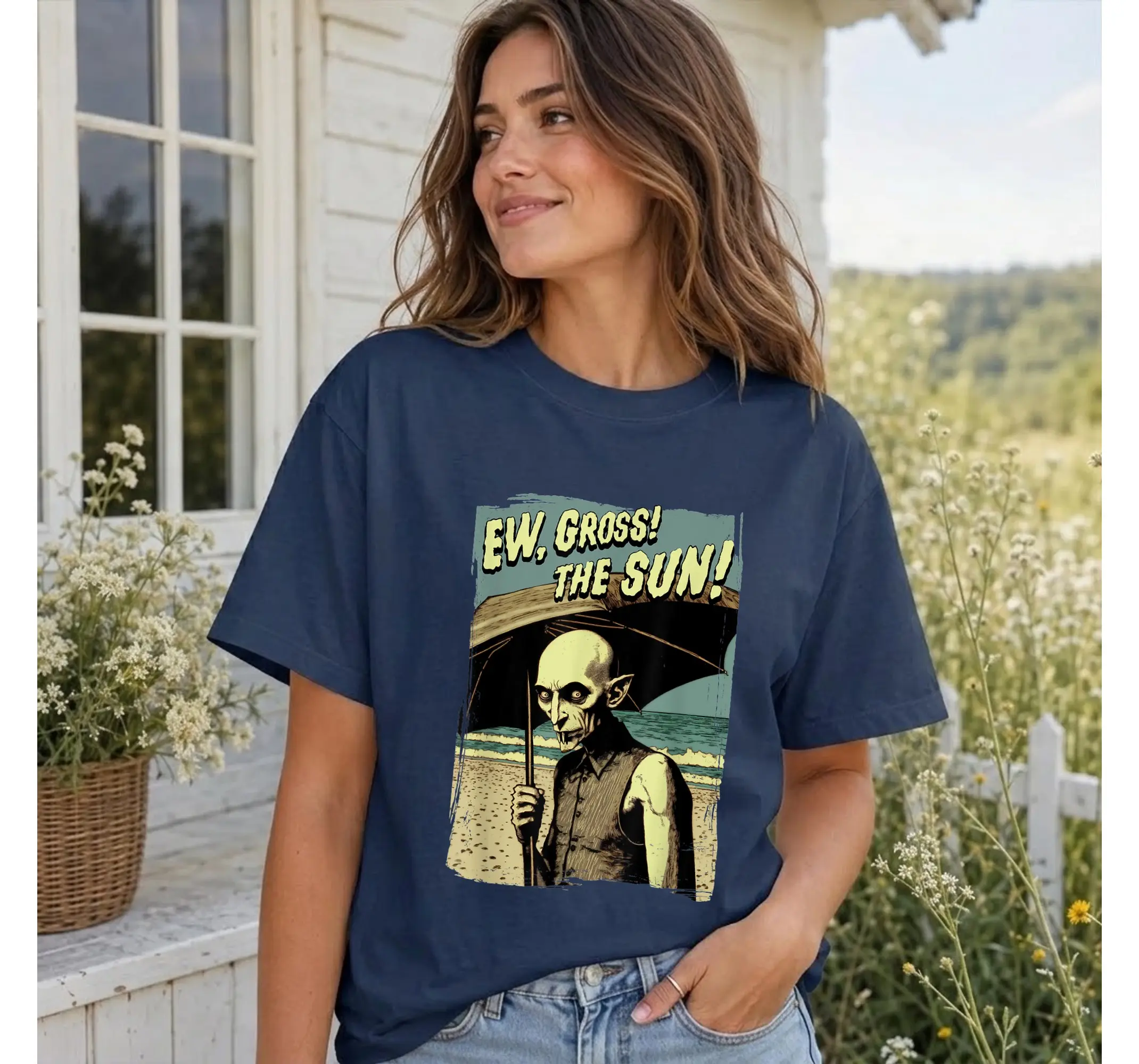 Summer Goth Vampire Tee, Funny Anti Sun Beach Creepy Cute Graphic T-Shirt - photo 2