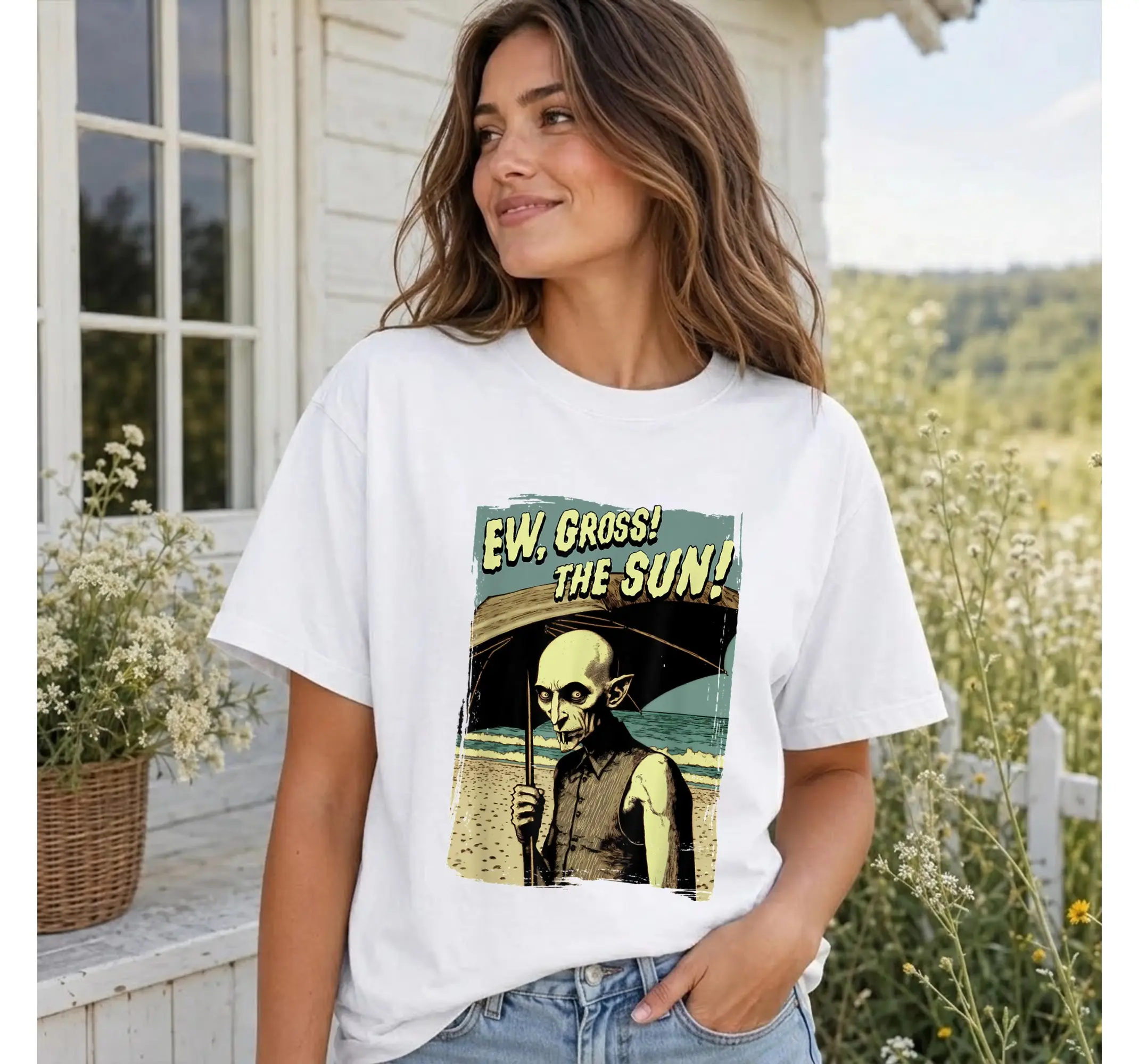 Summer Goth Vampire Tee, Funny Anti Sun Beach Creepy Cute Graphic T-Shirt - photo 3
