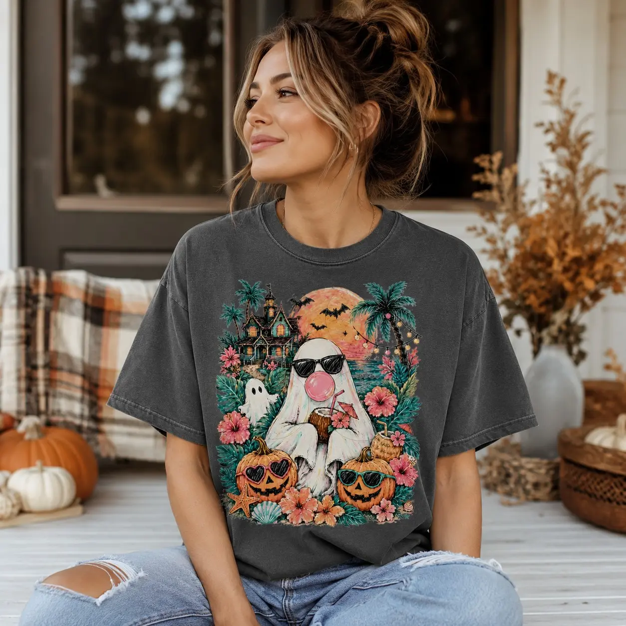 Summeroween Bubblegum Ghost Shirt, Tropical Spooky Summer Beach Halloween Graphic Tee
