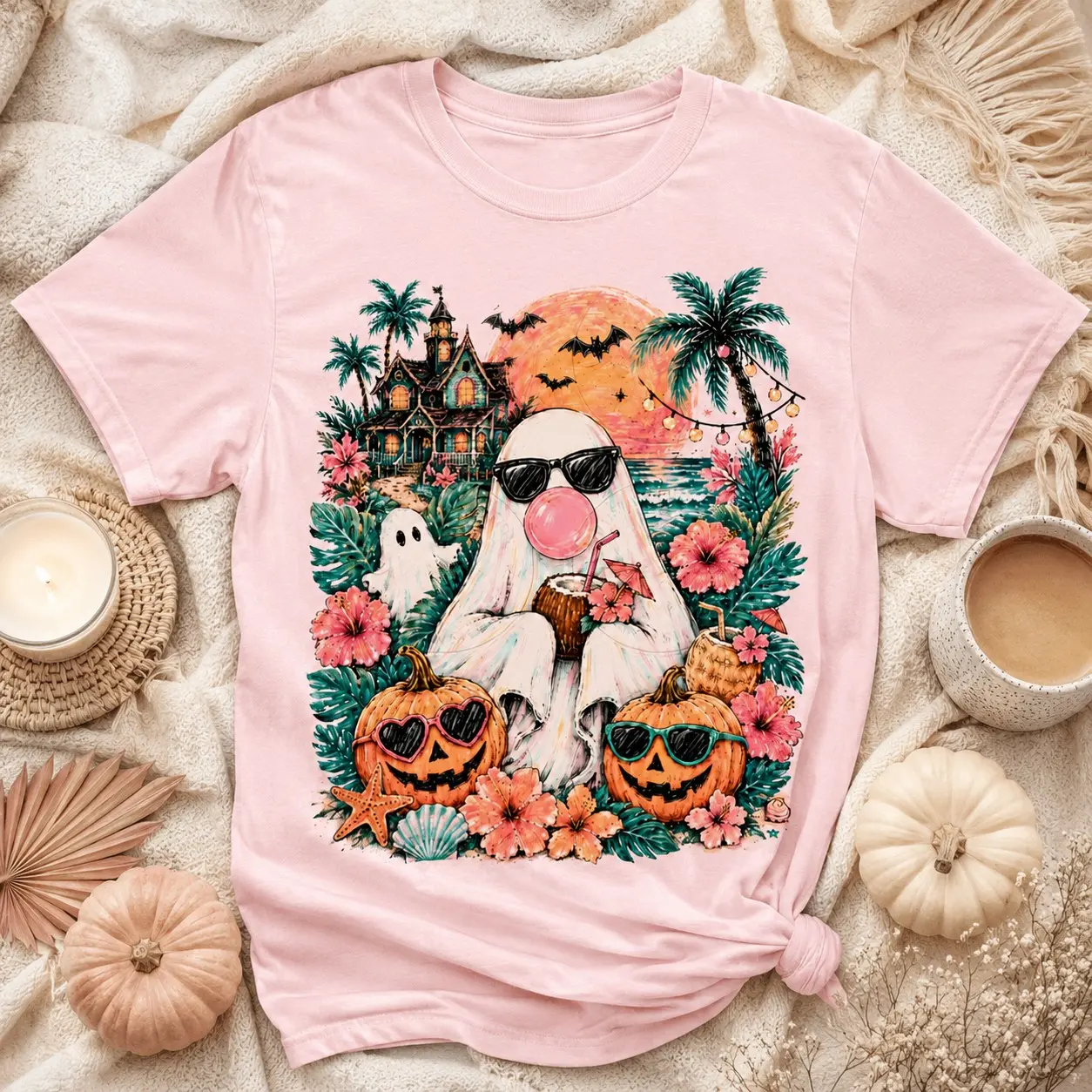 Summeroween Bubblegum Ghost Shirt, Tropical Spooky Summer Beach Halloween Graphic Tee - photo 2