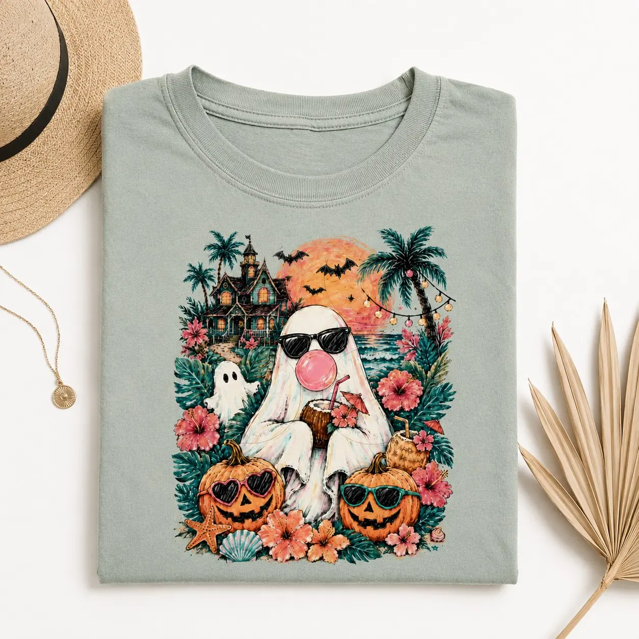 Summeroween Bubblegum Ghost Shirt, Tropical Spooky Summer Beach Halloween Graphic Tee - photo 3