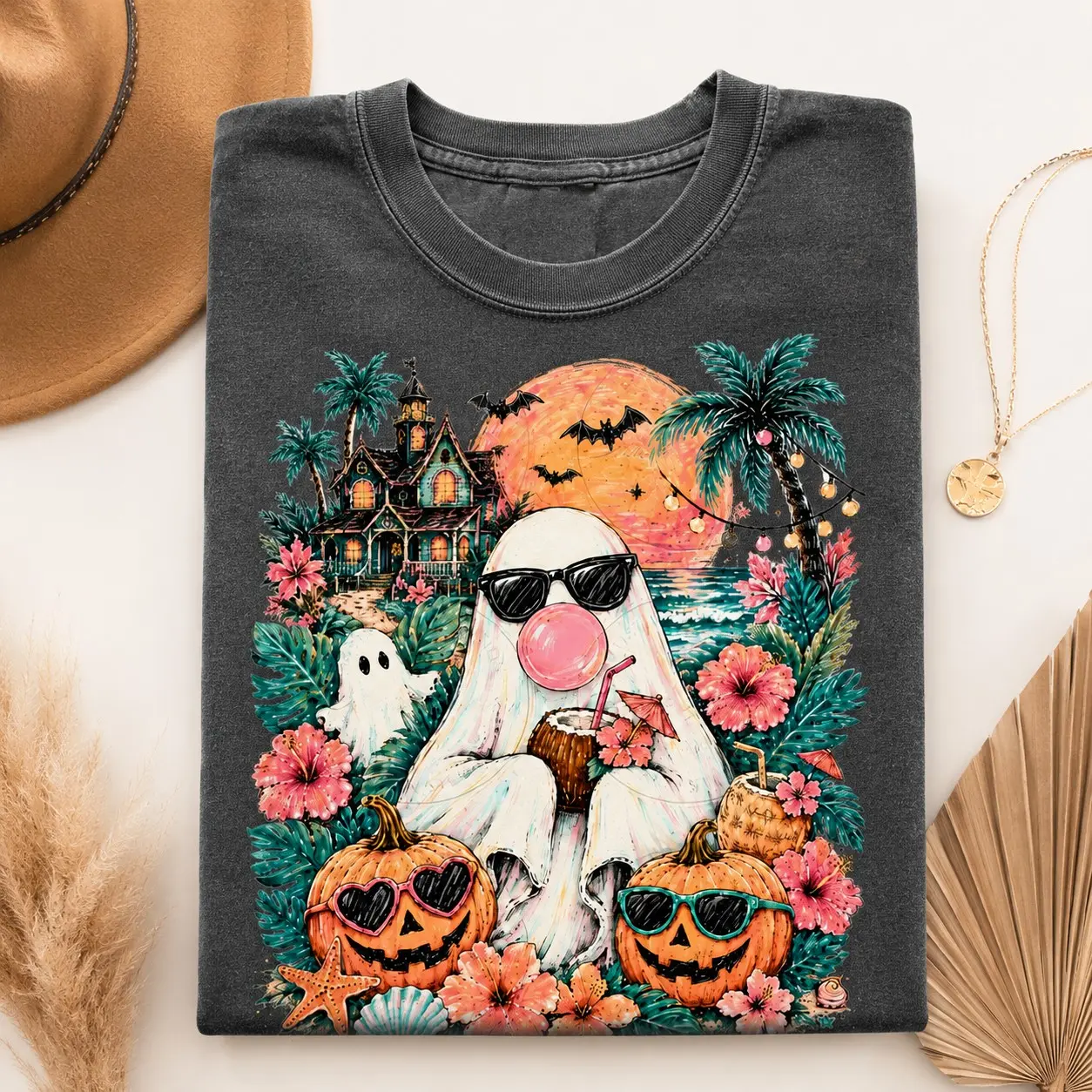 Summeroween Bubblegum Ghost Shirt, Tropical Spooky Summer Beach Halloween Graphic Tee - photo 4