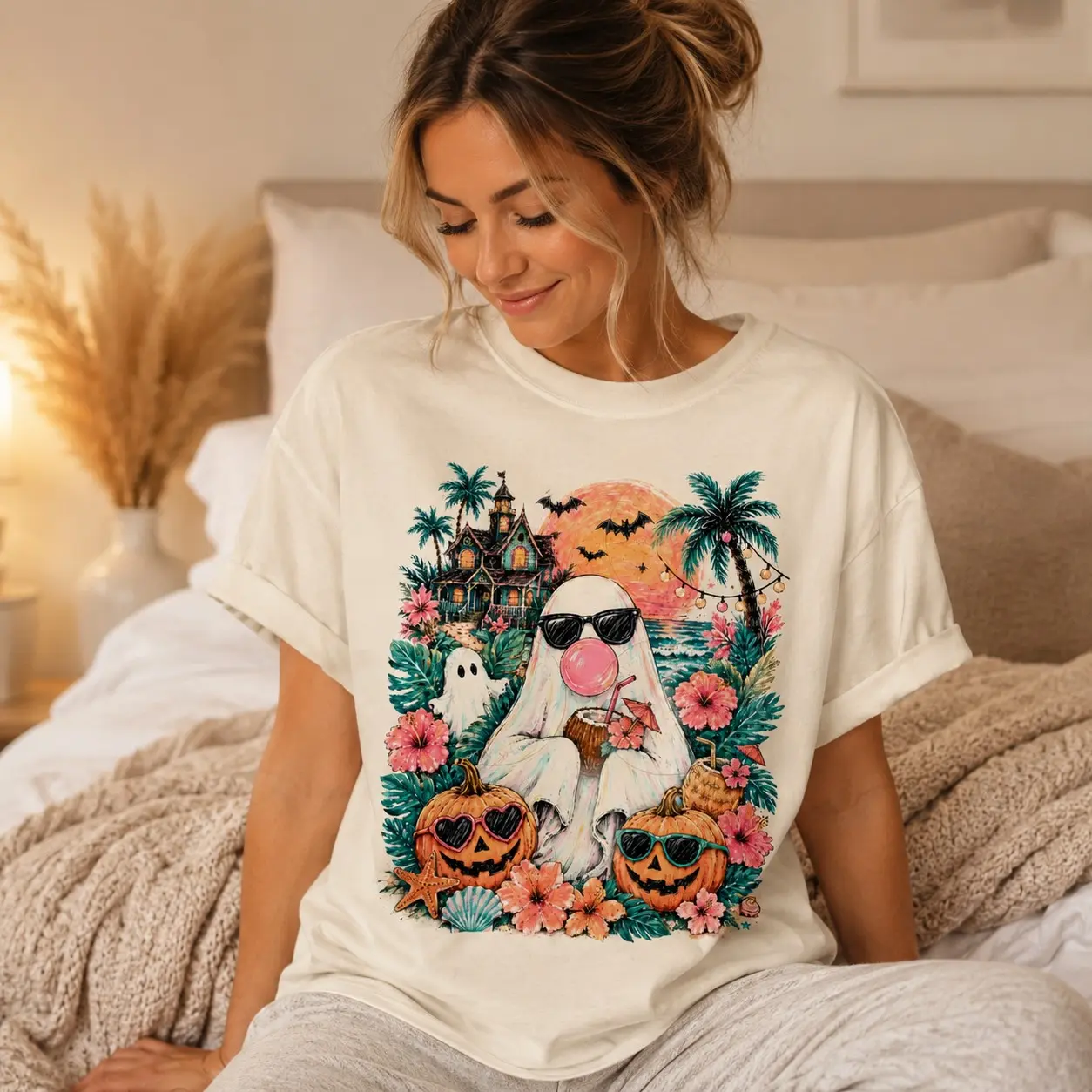 Summeroween Bubblegum Ghost Shirt, Tropical Spooky Summer Beach Halloween Graphic Tee - photo 5