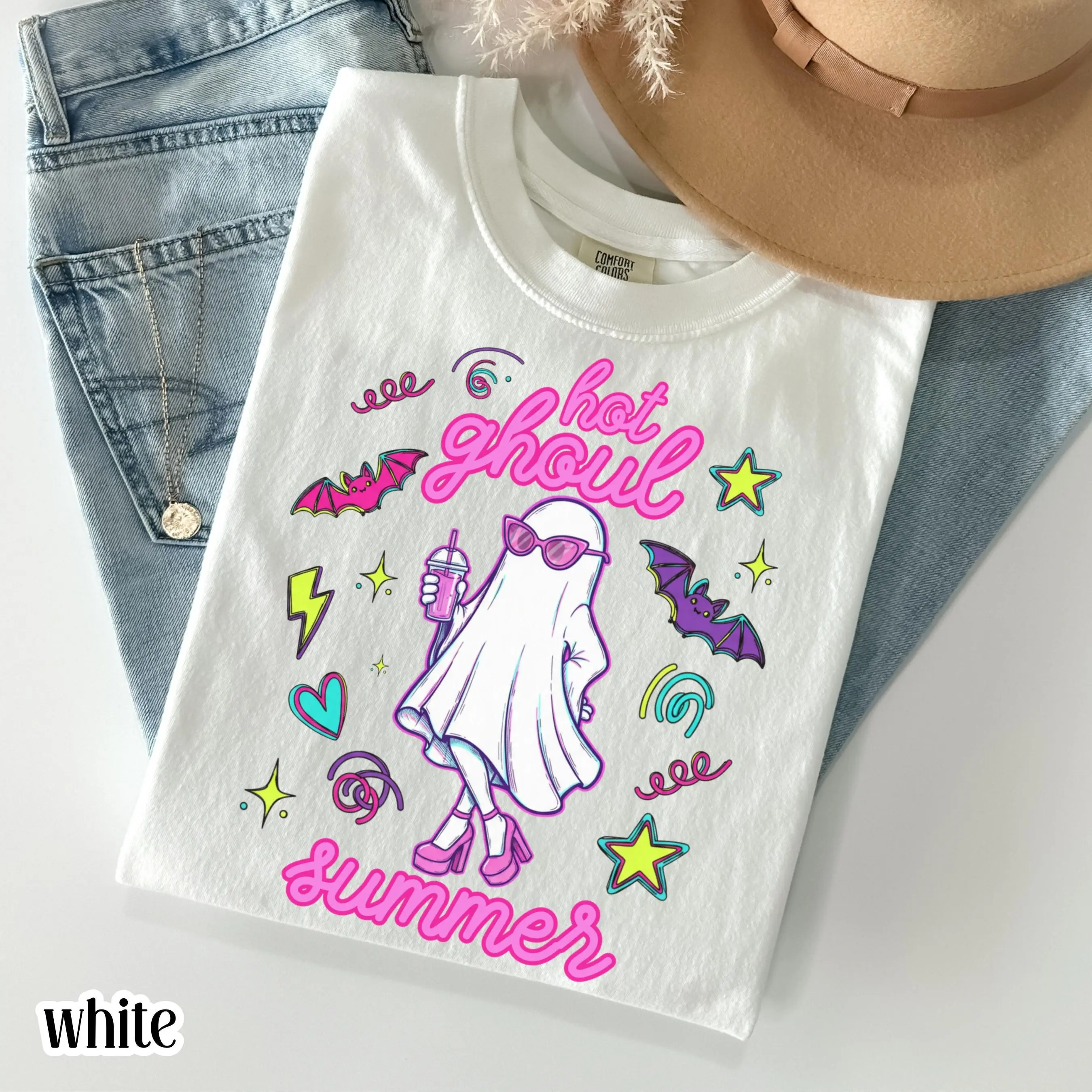 Summerween Comfort Colors Shirt, Girly 90s Halloween Ghost Tee, Cute Pink Boo Spooky Season Hot Ghoul Summer Top - photo 2