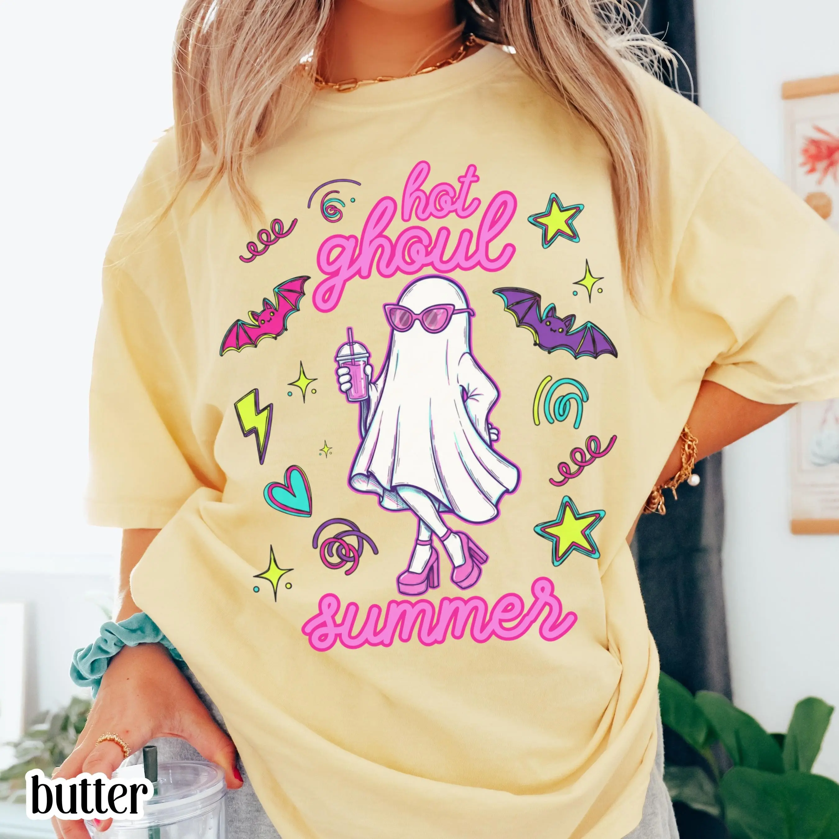 Summerween Comfort Colors Shirt, Girly 90s Halloween Ghost Tee, Cute Pink Boo Spooky Season Hot Ghoul Summer Top - photo 3