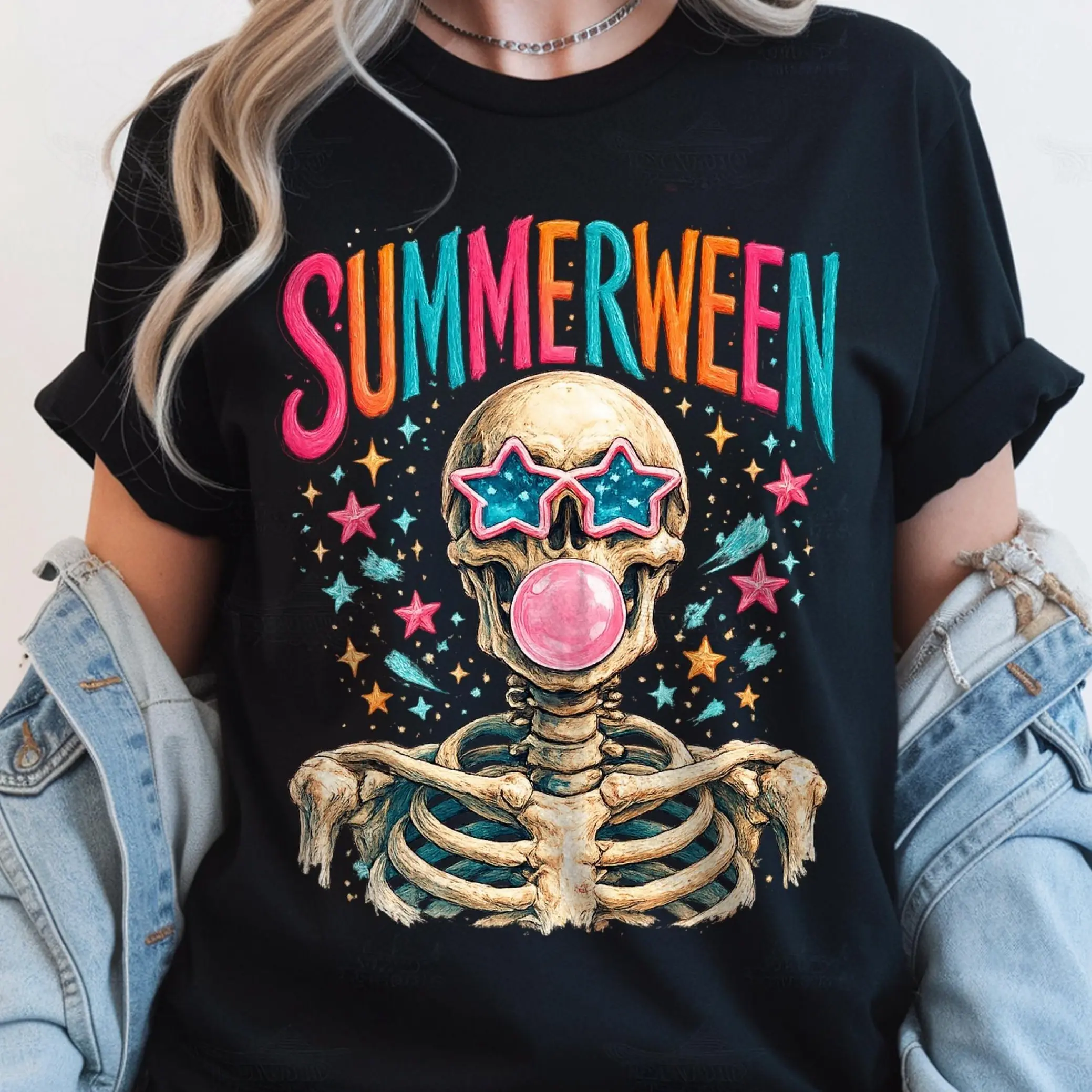 Comfort Colors Summerween Skeleton Shirt, Spooky Season Summer Vibes Retro Halloween Graphic Tee
