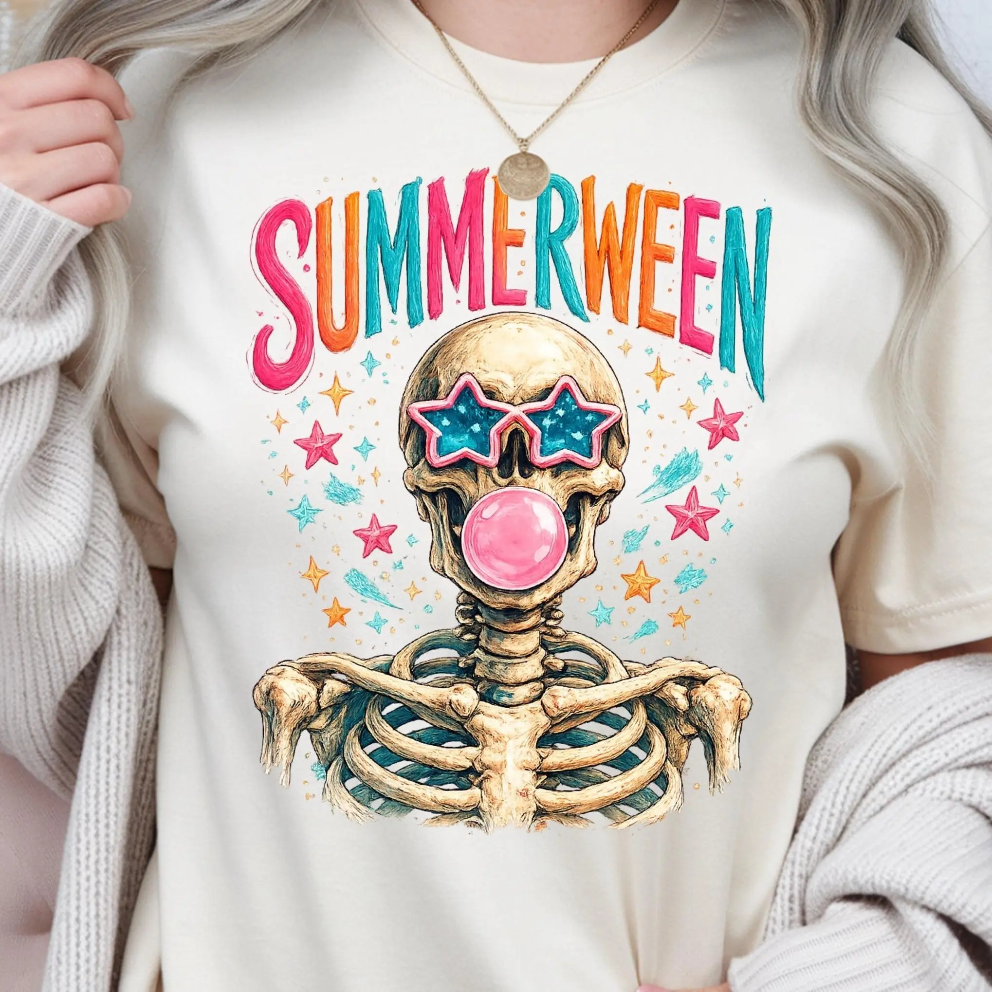 Comfort Colors Summerween Skeleton Shirt, Spooky Season Summer Vibes Retro Halloween Graphic Tee - photo 2