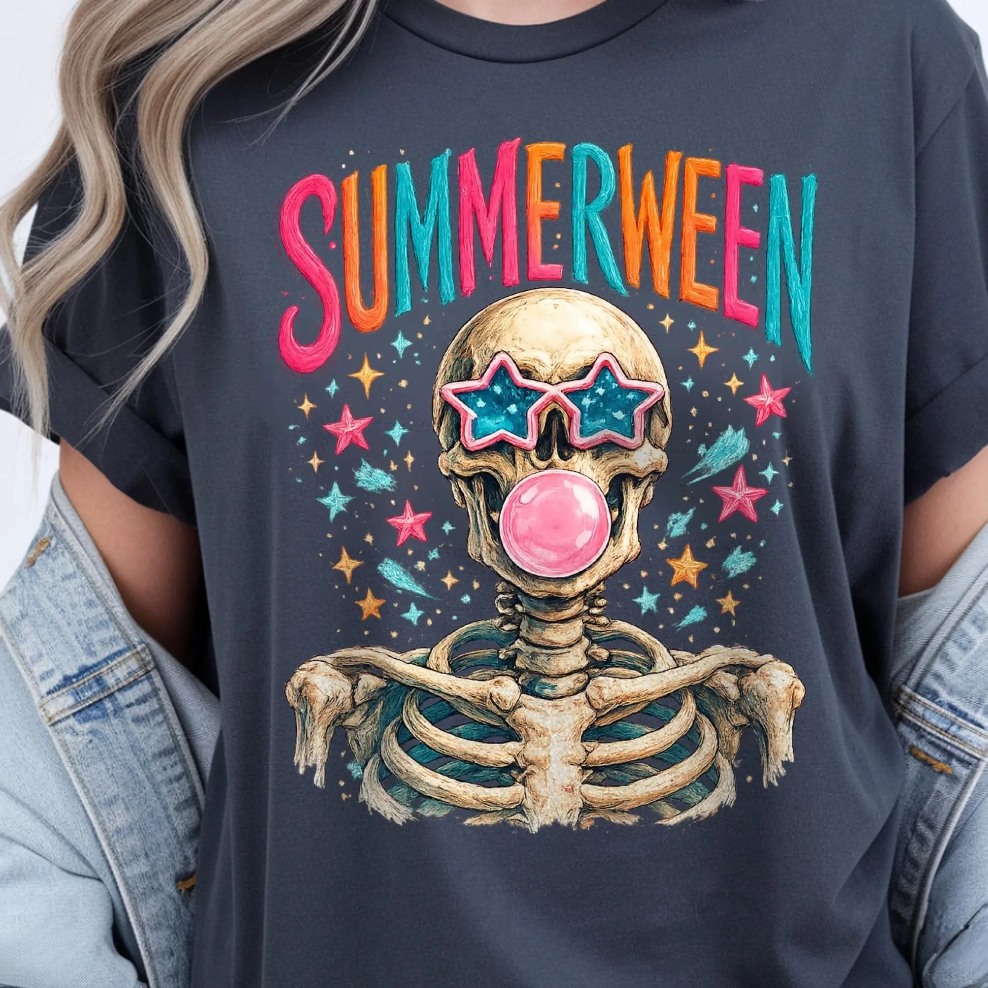 Comfort Colors Summerween Skeleton Shirt, Spooky Season Summer Vibes Retro Halloween Graphic Tee - photo 3