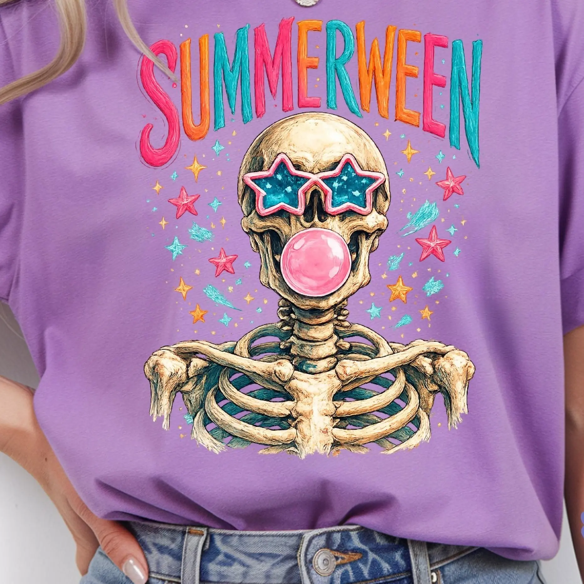 Comfort Colors Summerween Skeleton Shirt, Spooky Season Summer Vibes Retro Halloween Graphic Tee - photo 4