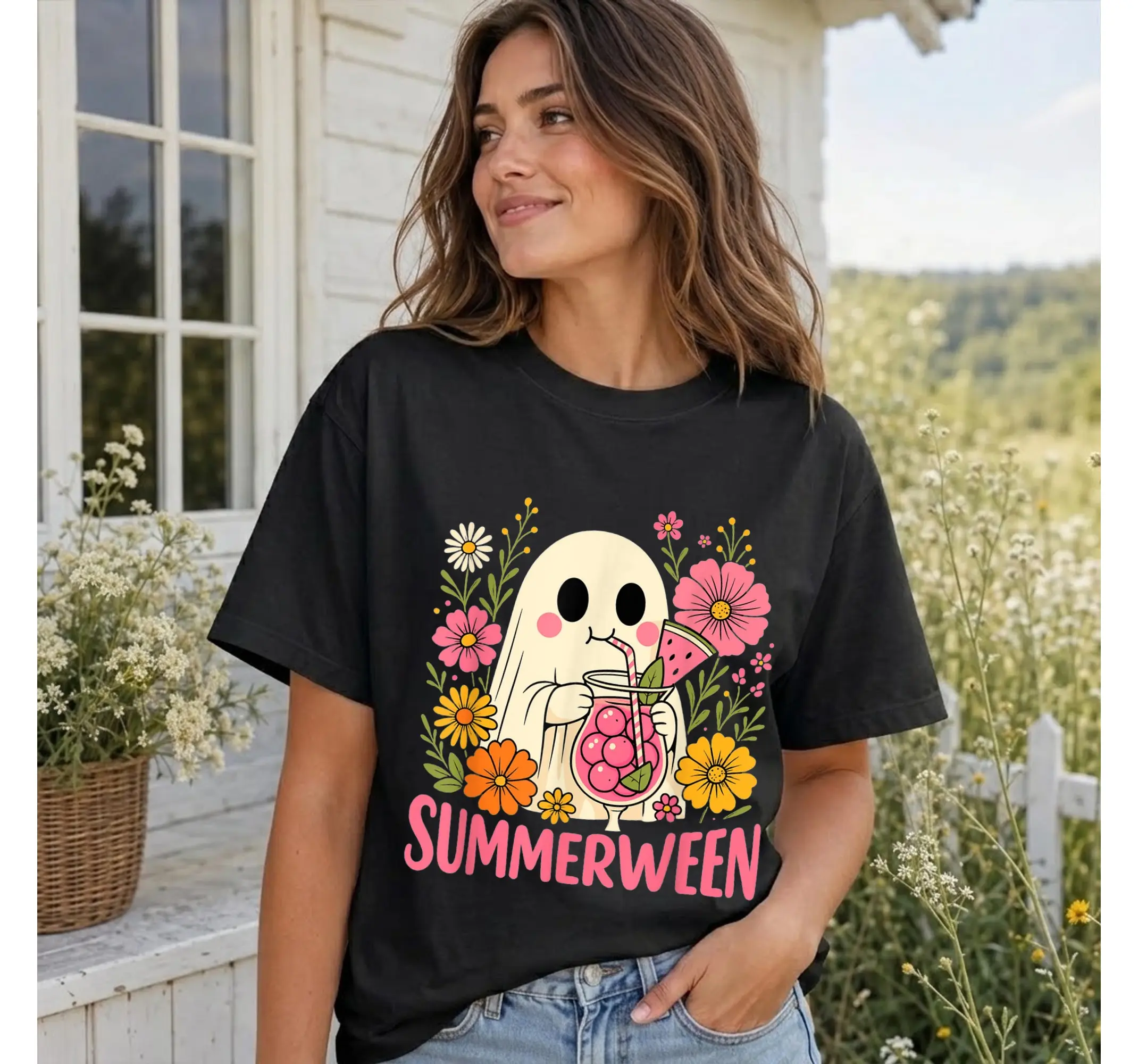 Summerween Floral Ghost Shirt, Cute Funny Spooky Summer Halloween Graphic Tee Top