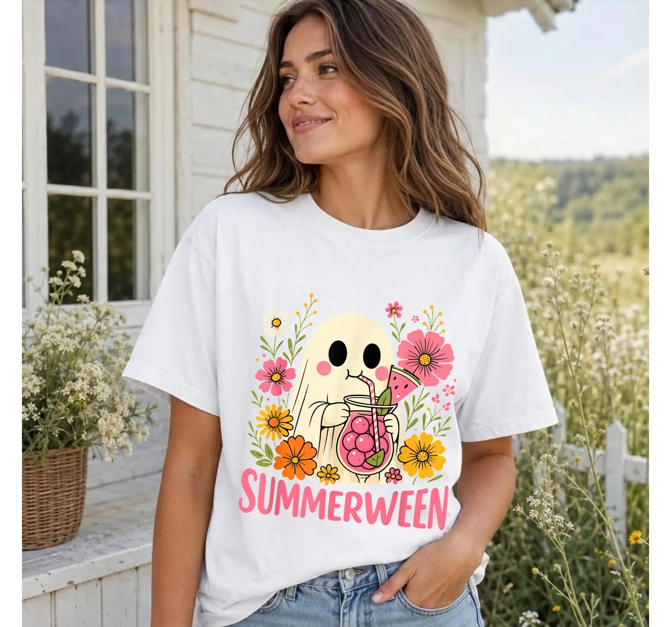 Summerween Floral Ghost Shirt, Cute Funny Spooky Summer Halloween Graphic Tee Top - photo 2