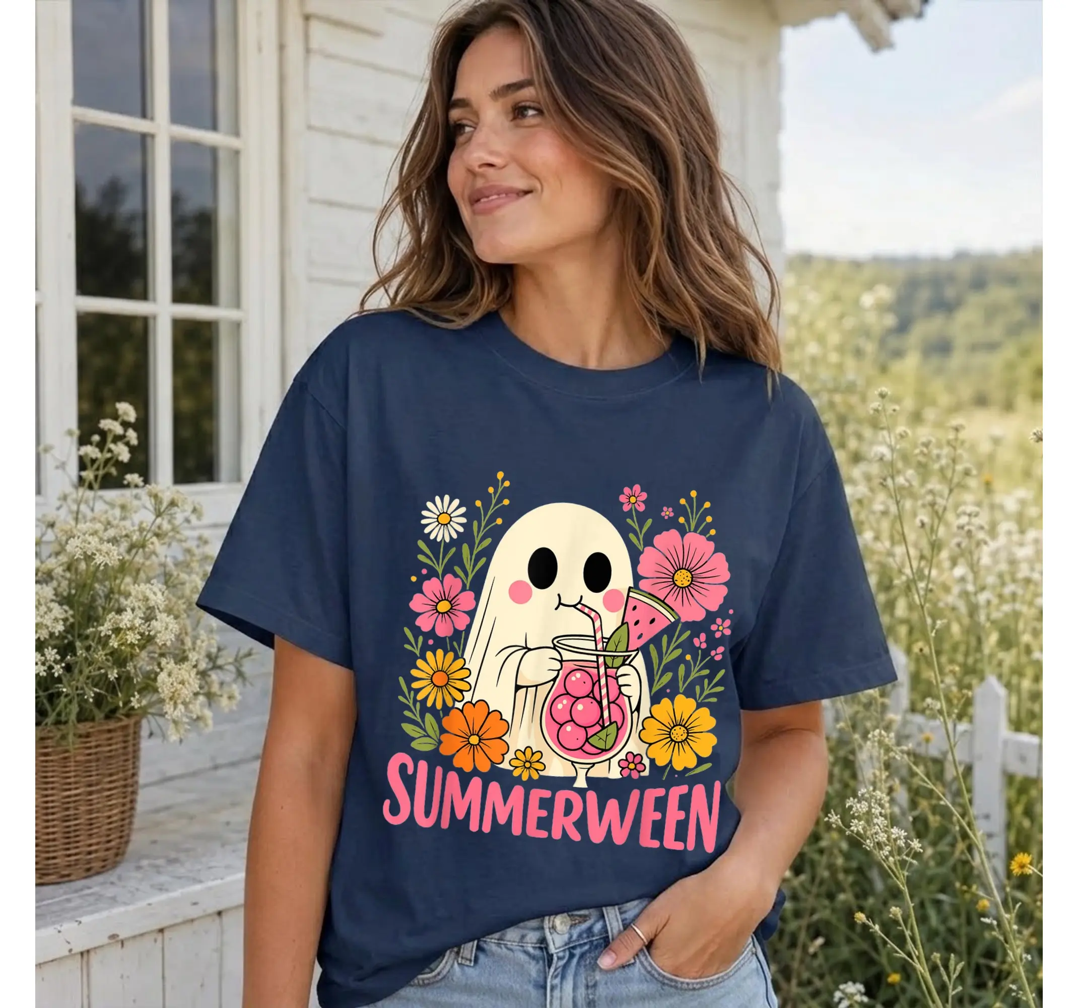 Summerween Floral Ghost Shirt, Cute Funny Spooky Summer Halloween Graphic Tee Top - photo 3