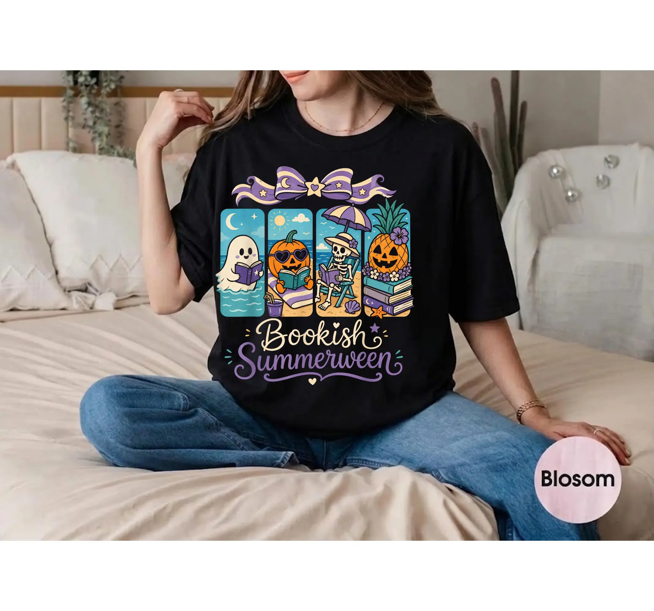 Summerween Ghost Book Lover T-Shirt, Spooky Summer Vacation Reading Graphic Tee - photo 1