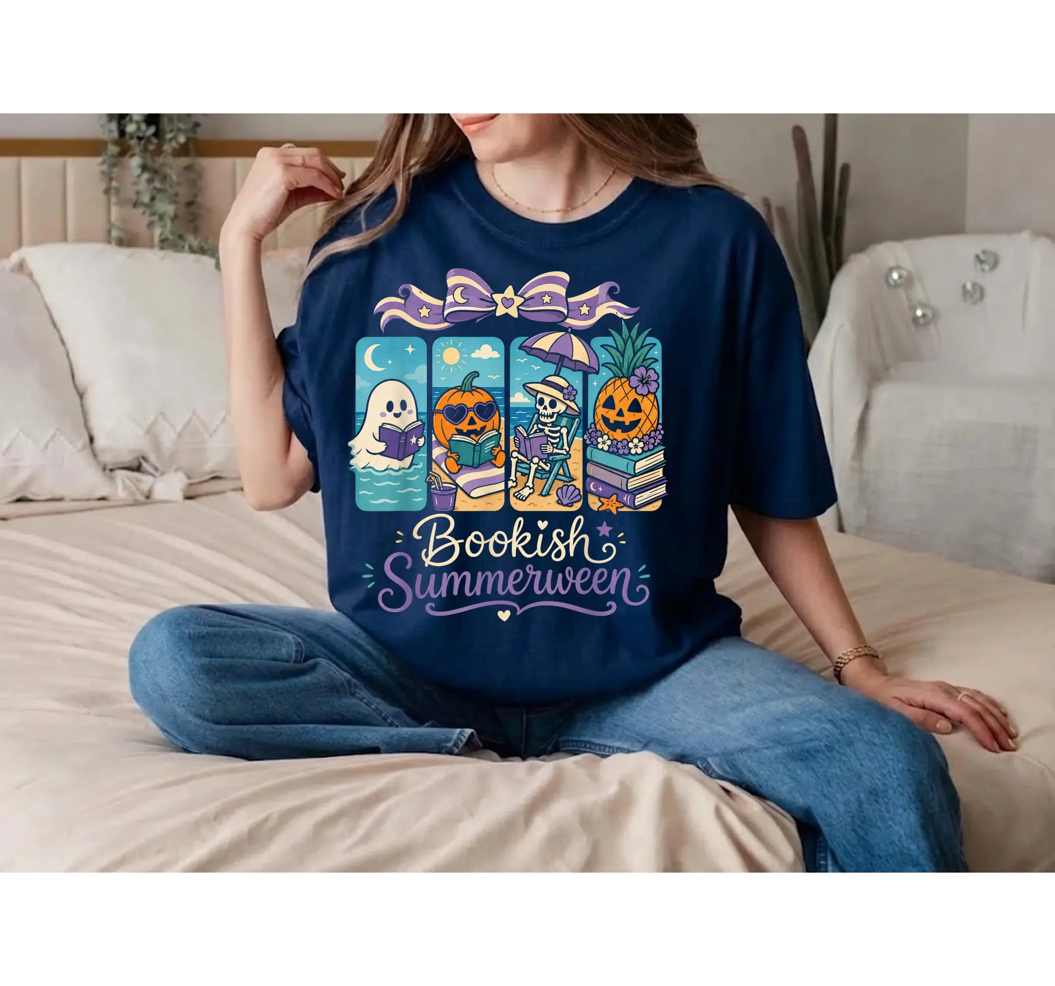 Summerween Ghost Book Lover T-Shirt, Spooky Summer Vacation Reading Graphic Tee - photo 2