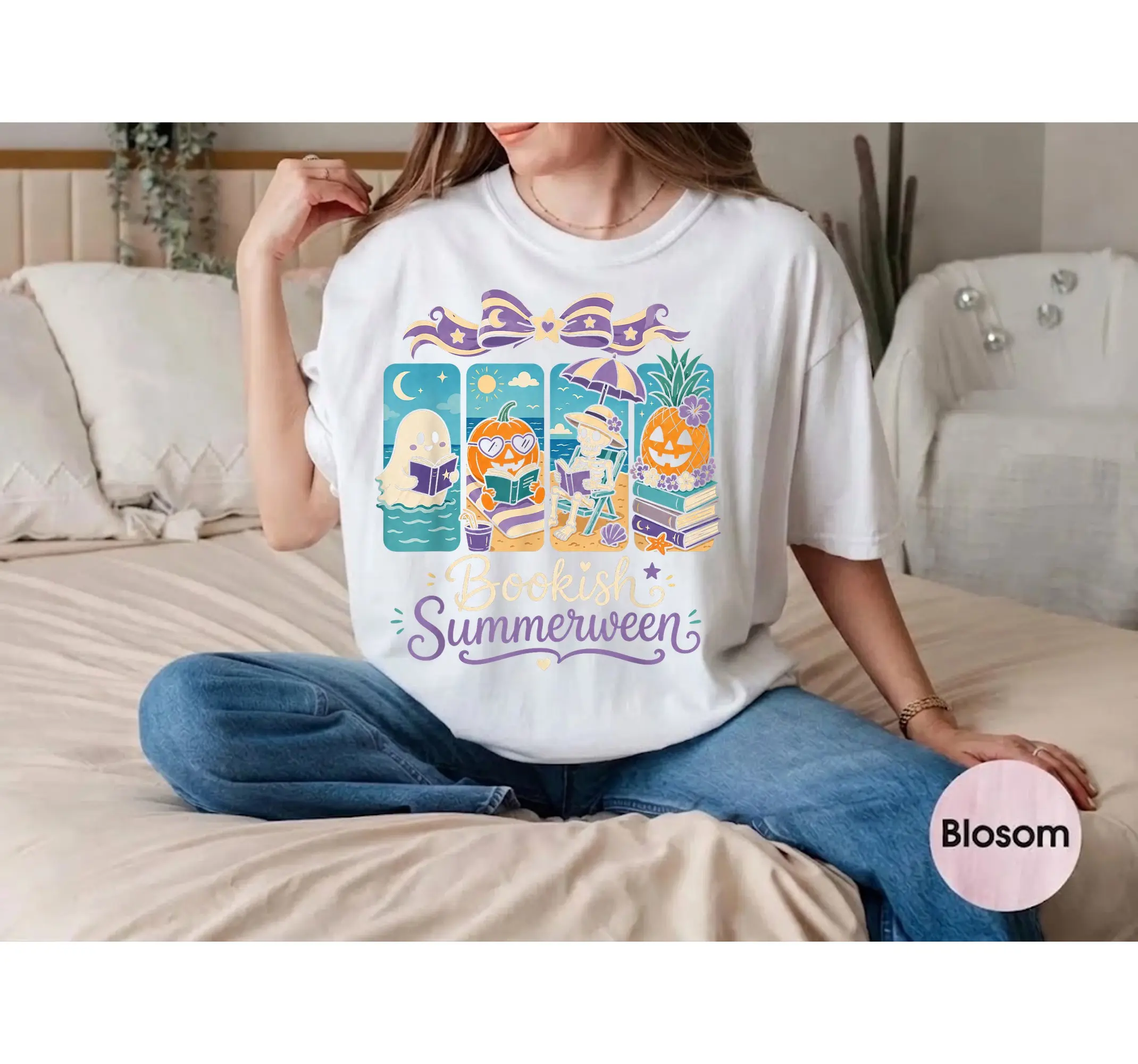 Summerween Ghost Book Lover T-Shirt, Spooky Summer Vacation Reading Graphic Tee - photo 3