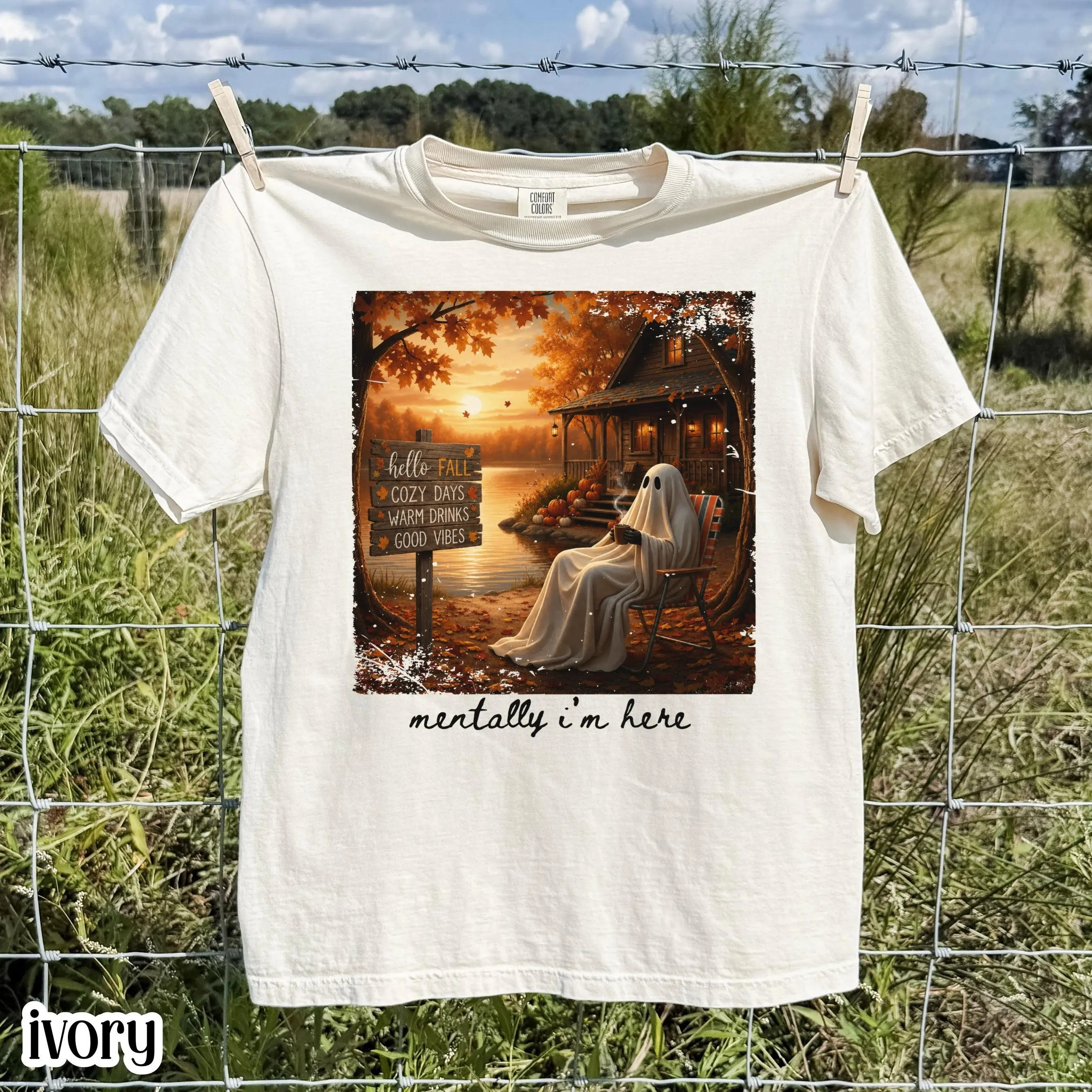 Summerween Ghost Comfort Colors Shirt, Mentally Im Here Cute Cozy Autumn Vibes Pumpkin Season Trendy Halloween Tee
