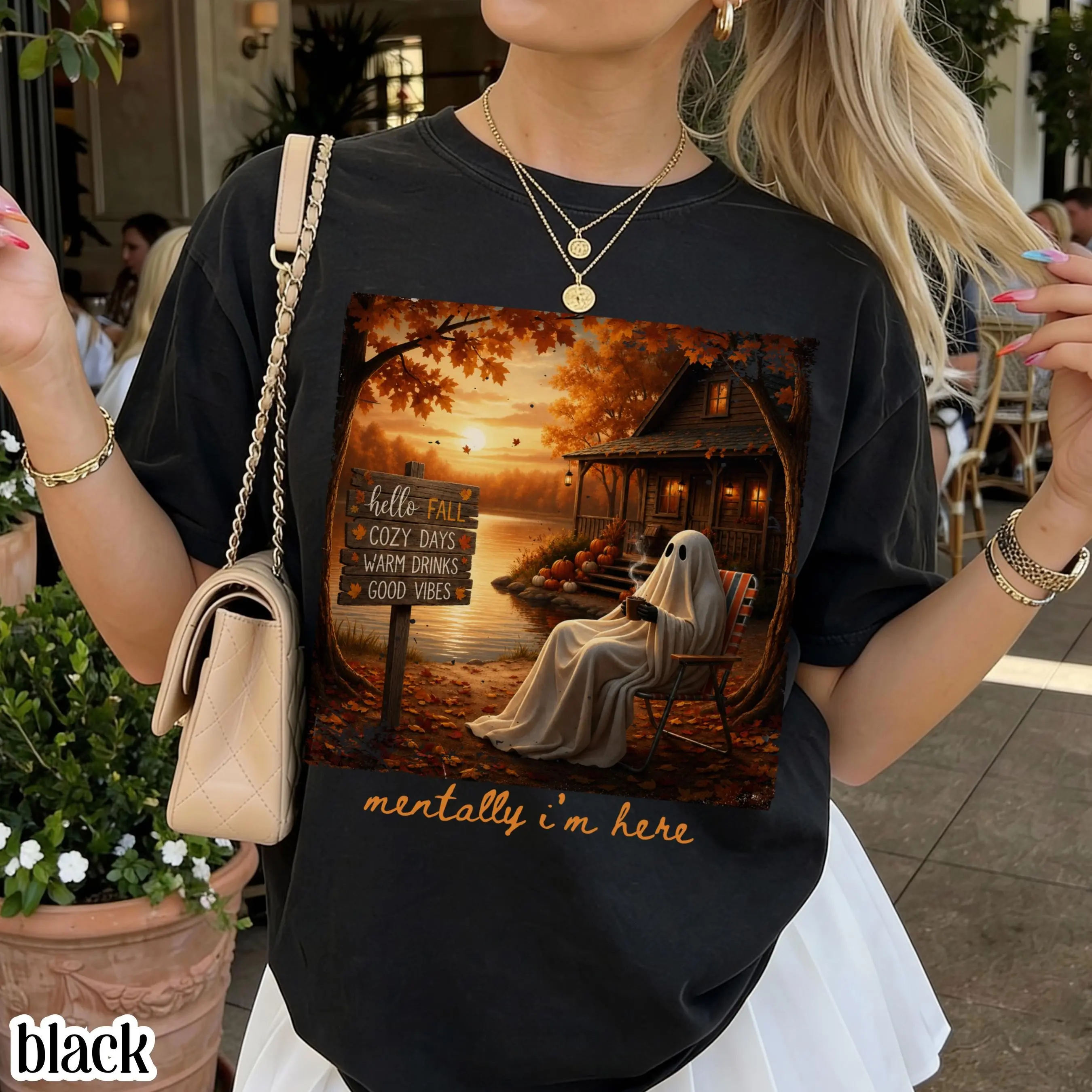 Summerween Ghost Comfort Colors Shirt, Mentally Im Here Cute Cozy Autumn Vibes Pumpkin Season Trendy Halloween Tee - photo 2