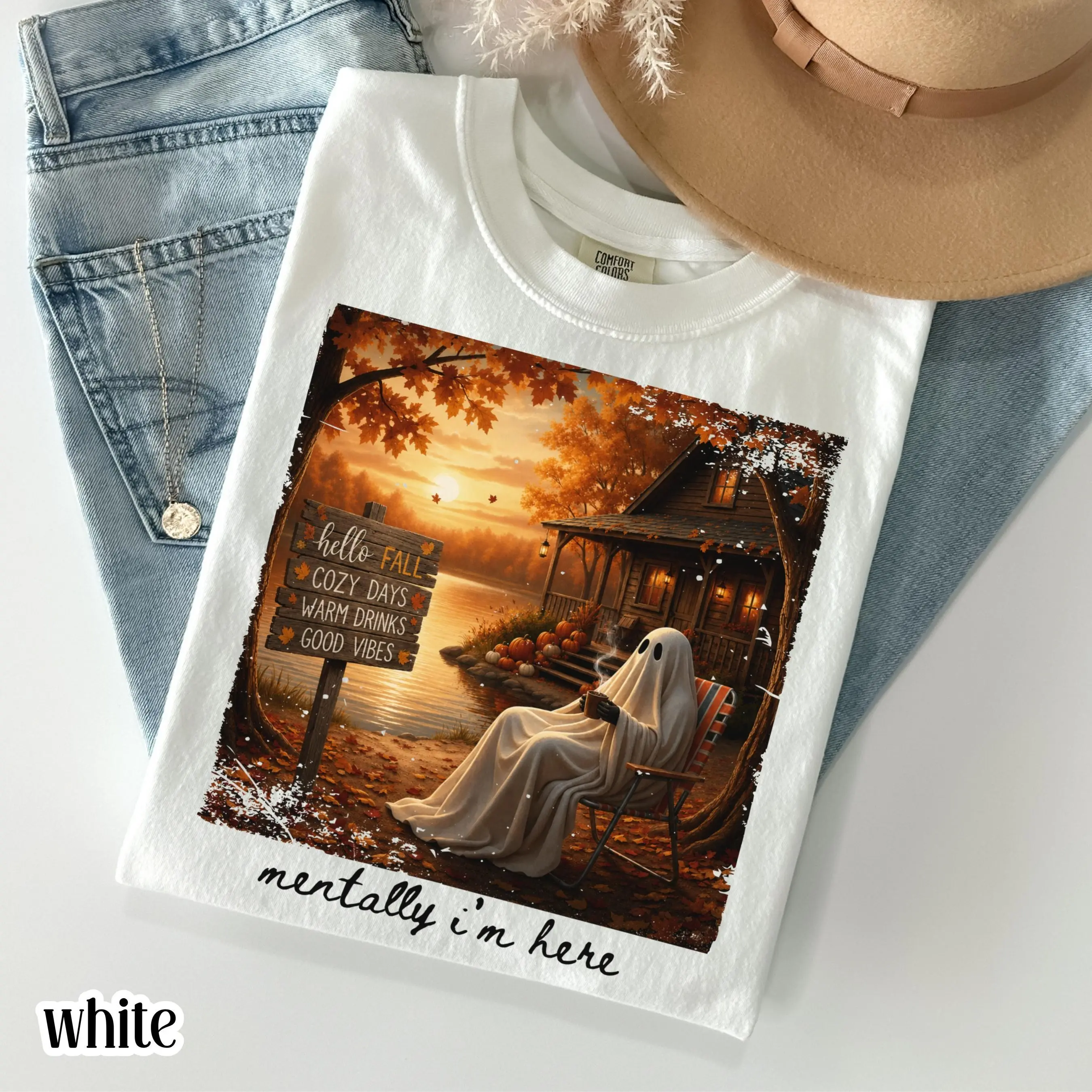 Summerween Ghost Comfort Colors Shirt, Mentally Im Here Cute Cozy Autumn Vibes Pumpkin Season Trendy Halloween Tee - photo 3