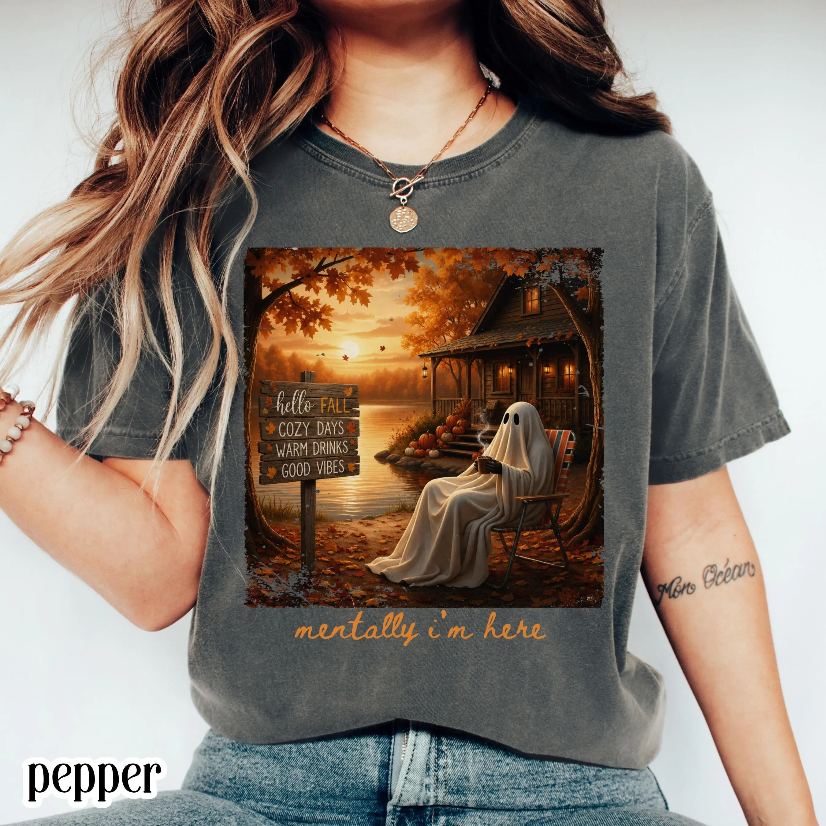 Summerween Ghost Comfort Colors Shirt, Mentally Im Here Cute Cozy Autumn Vibes Pumpkin Season Trendy Halloween Tee - photo 4