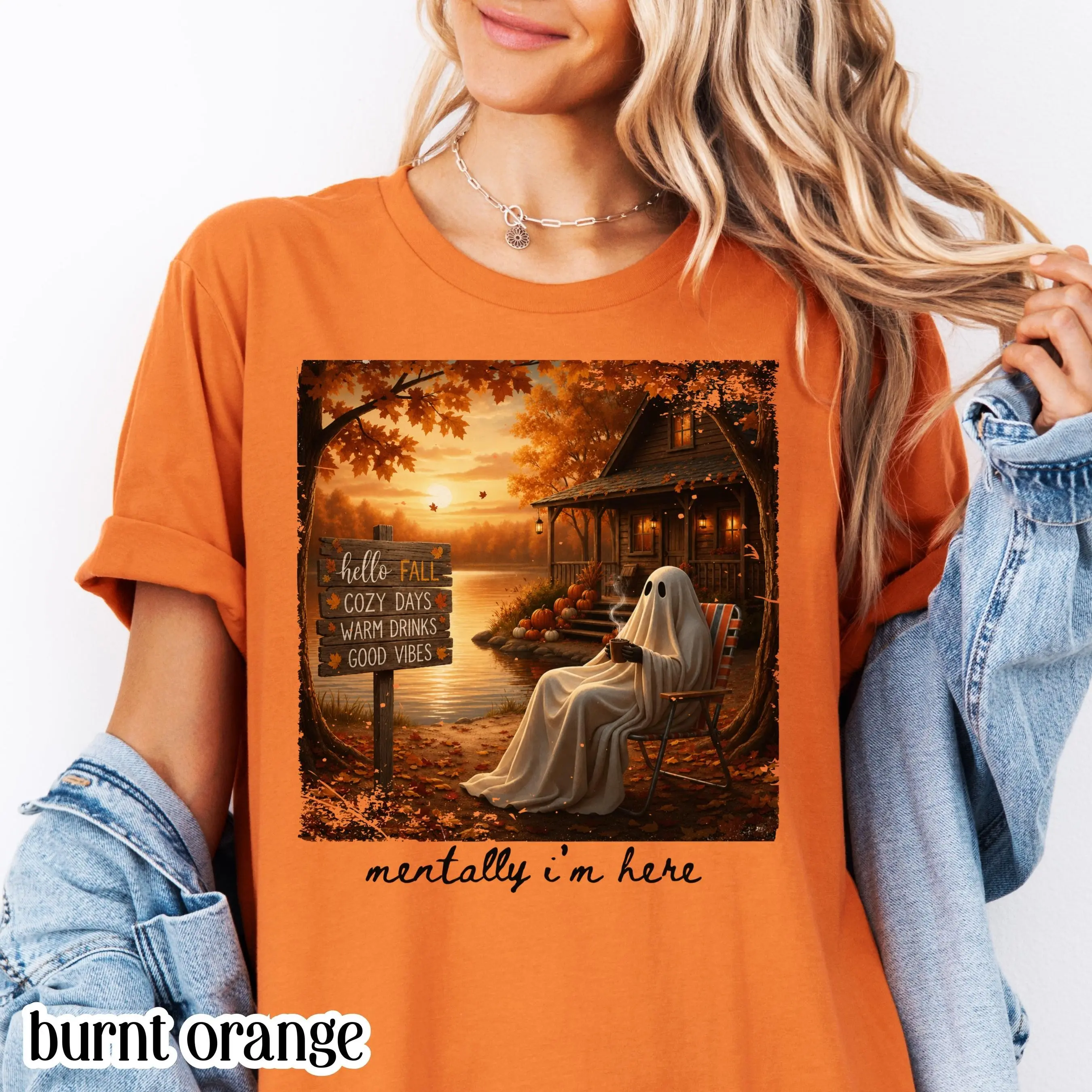 Summerween Ghost Comfort Colors Shirt, Mentally Im Here Cute Cozy Autumn Vibes Pumpkin Season Trendy Halloween Tee - photo 5