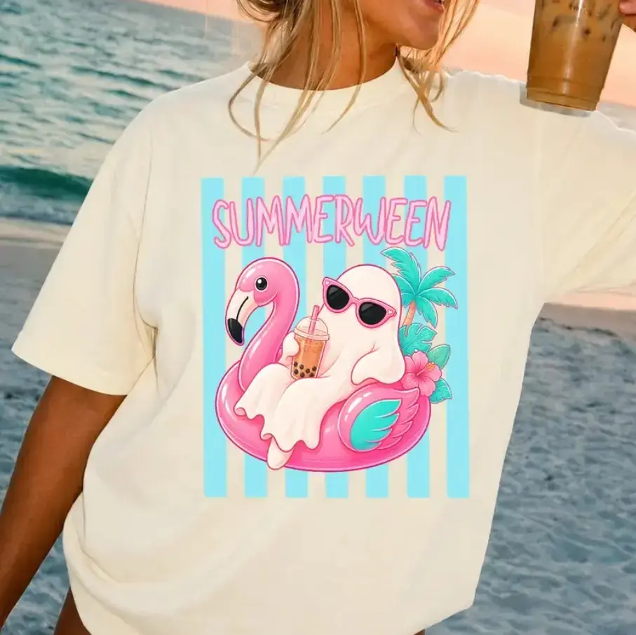 Summerween Ghost Float Comfort Colors Tee, Womens Oversized Summer Halloween Graphic Shirt, Cute Trendy Beach Vacation Pool Top