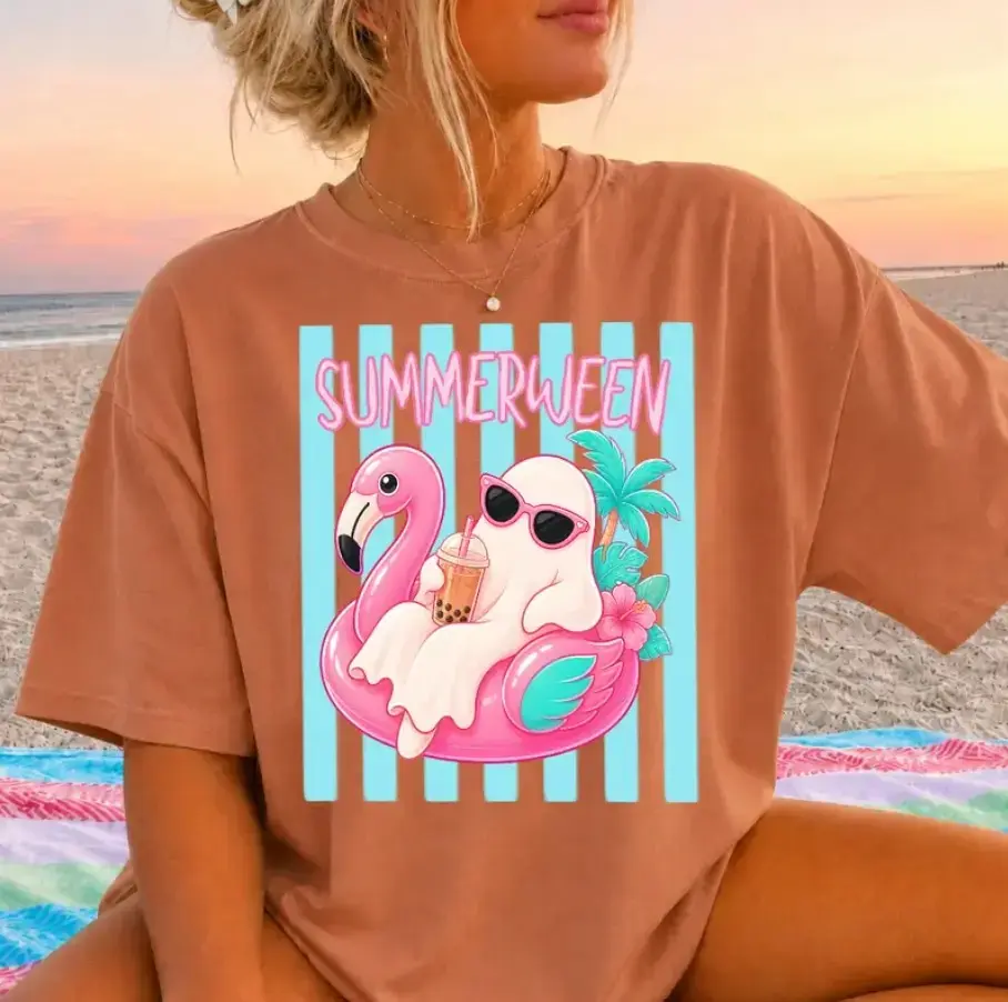 Summerween Ghost Float Comfort Colors Tee, Womens Oversized Summer Halloween Graphic Shirt, Cute Trendy Beach Vacation Pool Top - photo 2